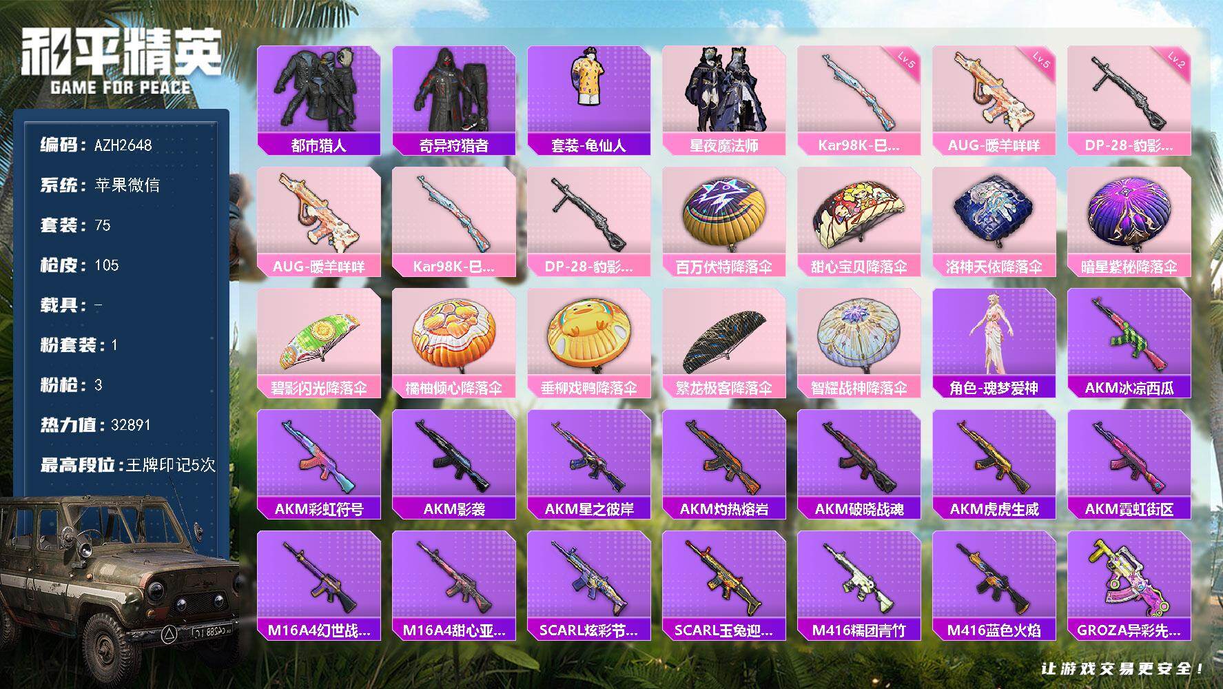 和平精英账号苹果微信0载具-75套装-105枪皮-【AZH2648】苹果 微信【星夜魔法师 都市猎人 瑰梦爱神】1粉装-