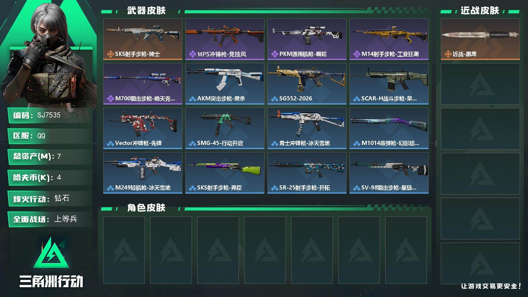 三角洲行动账号QQ【SJ7535】总资产(M)：7M/哈夫币(K)：4K/哈夫币(K)：4K/传说枪皮数：1/全面战场等级：13_段位：上等兵/烽火地带等级：47_段位：钻石/近战-黑鹰/SKS射手步枪-骑士/MP5