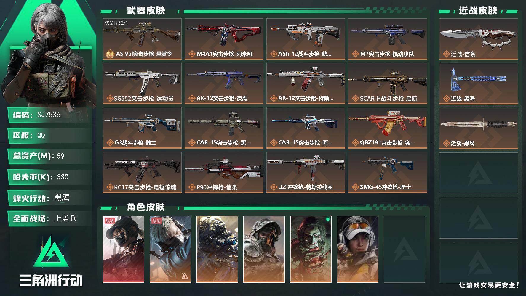 三角洲行动账号QQ【SJ7536】总资产(M)：59M/哈夫币(K)：330K/哈夫币(K)：330K/传说枪皮数：2
