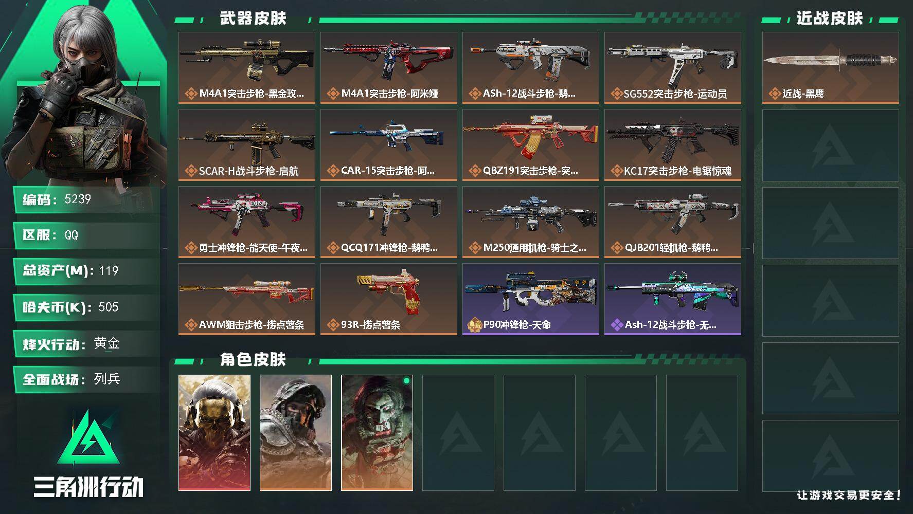 三角洲行动账号QQ总资产(M)：119M/哈夫币(K)：505K/哈夫币(K)：505K/传说枪皮数：14/全面战场等