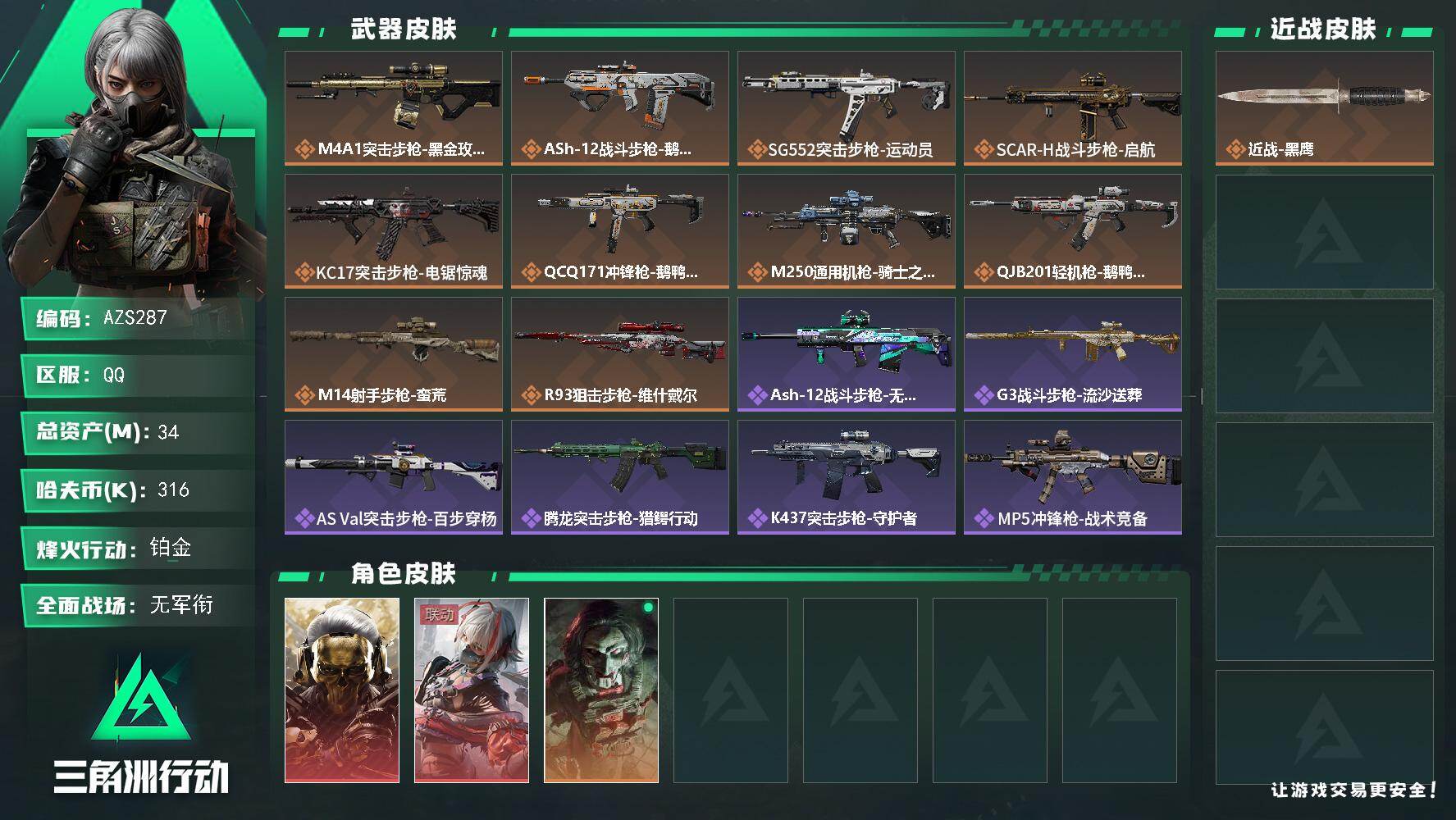 三角洲行动账号QQ34m总资产-316k哈伏币-60烽火等级-铂金-5战场等级-无军衔
【干员外观】：红狼-蚀金玫瑰，