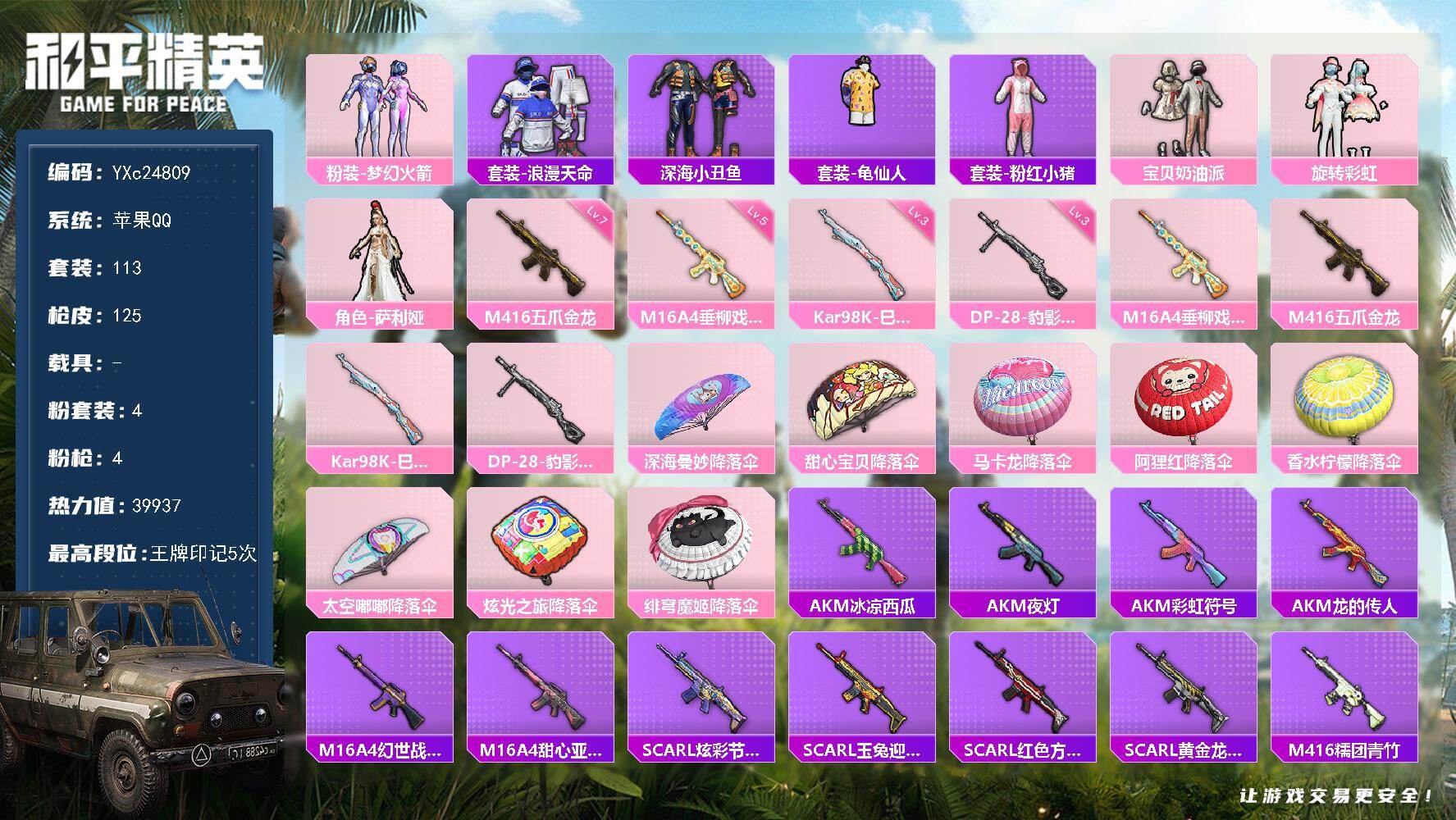 和平精英账号苹果QQ0载具-113套装-125枪皮-【新101 满级五爪 双马尾 猫包 满地铁天赋】YXc24809-【