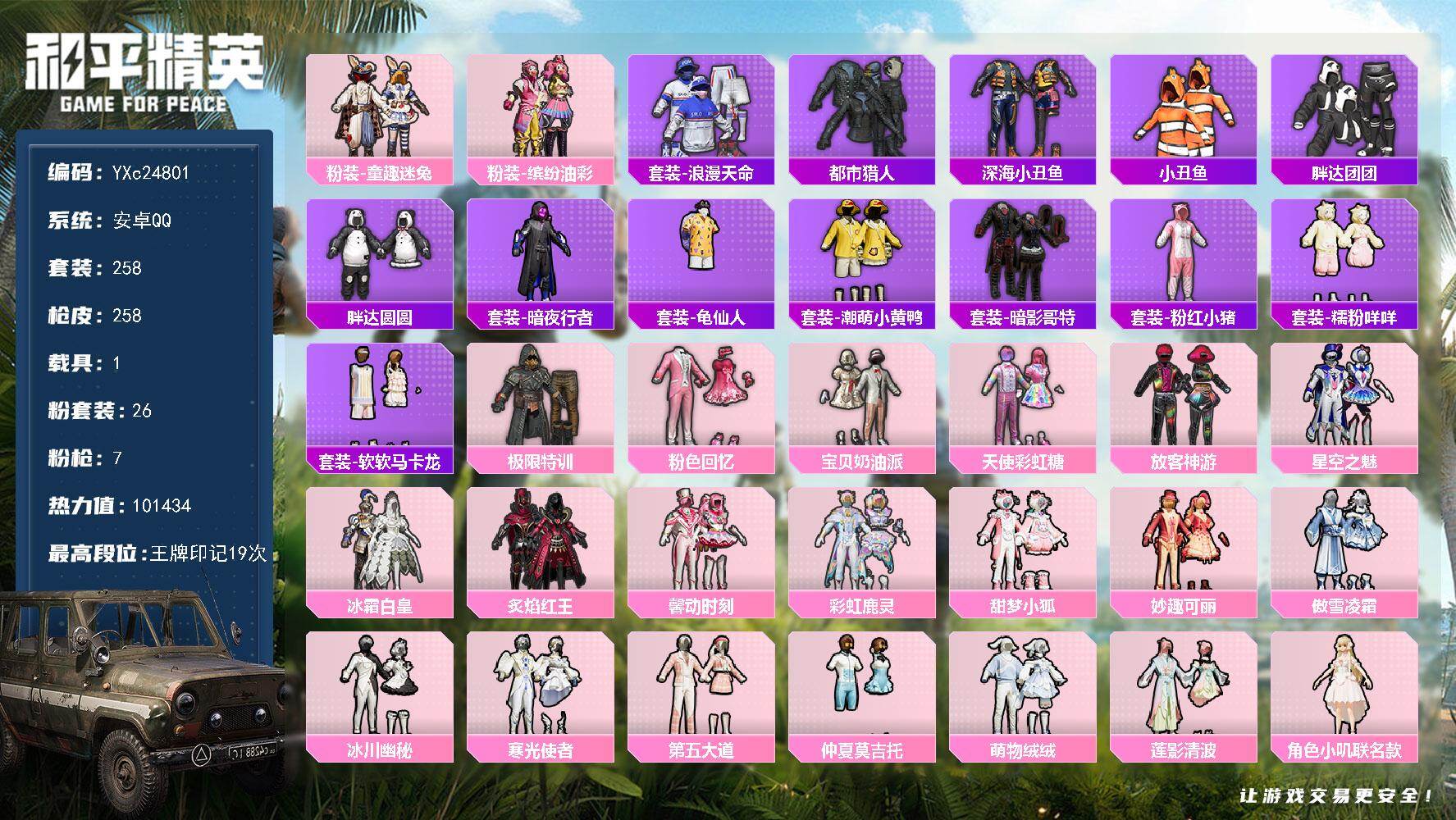 和平精英账号安卓QQ1载具-258套装-258枪皮-【都市 猪妹 放客 极限特训 第五大道 童趣 小狐 馨动 满级心之恋