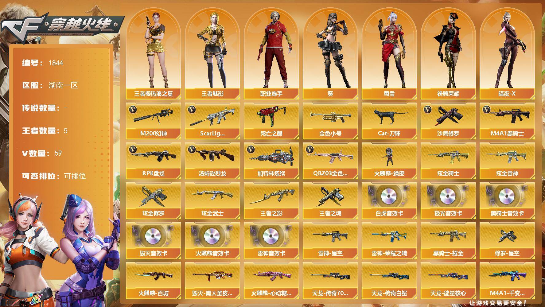 穿越火线账号南部战区湖南一区湖南一区-59V-5王者武器数-4炫金武器数
【热门武器】：QBZ03-金色蔷薇*2，Scar Li
