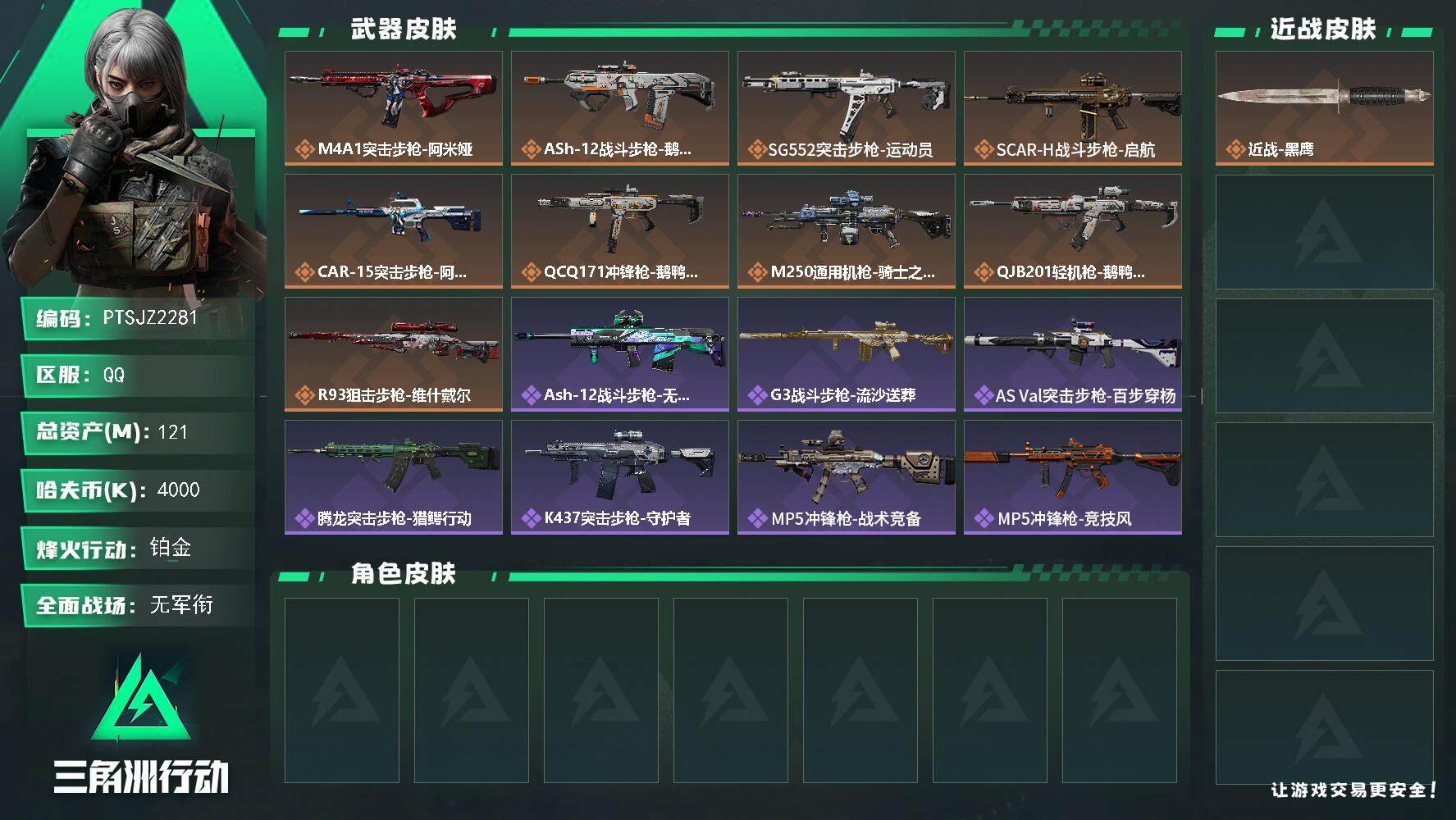 三角洲行动账号QQ【PTSJZ2281】总资产(M)：121M/哈夫币(K)：4000K/哈夫币(K)：4000K/传