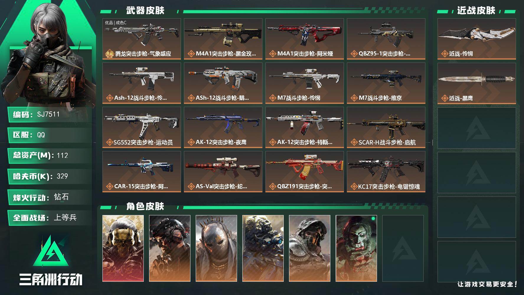 三角洲行动账号QQ【SJ7511】总资产(M)：112M/哈夫币(K)：329K/哈夫币(K)：329K/传说枪皮数：28/全面战场等级：21_段位：上等兵/烽火地带等级：60_段位：钻石/红狼-蚀金玫瑰/威龙-铁面