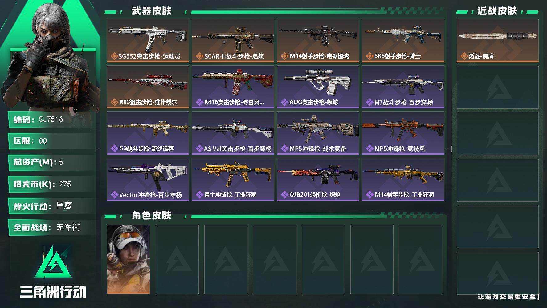 三角洲行动账号QQ【SJ7516】总资产(M)：5M/哈夫币(K)：275K/哈夫币(K)：275K/传说枪皮数：5/全面战场等级：1_段位：无段位/烽火地带等级：60_段位：黑鹰/露娜-金牌射手/近战-黑鹰/SG5
