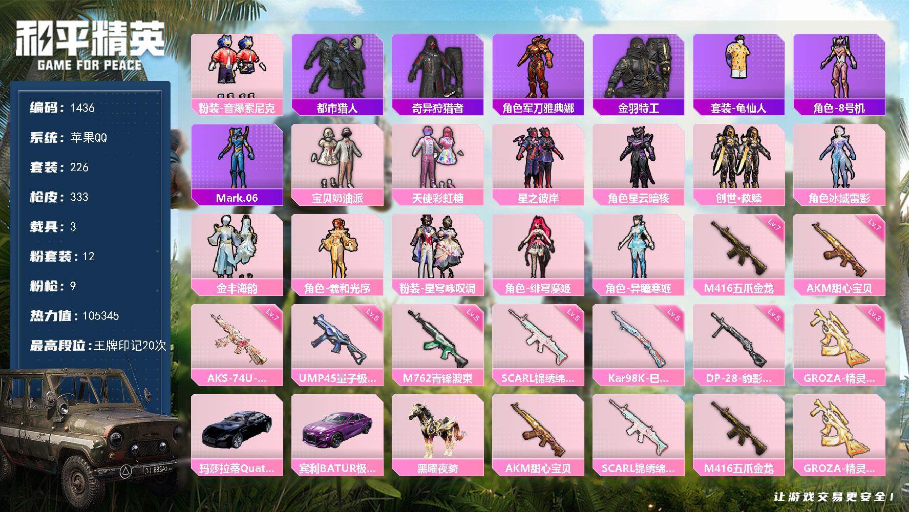 和平精英账号苹果QQ【1436】苹果 手Q-12粉装-9特效枪-3载具-9粉色飞行器-105345热力值-20王牌印记-