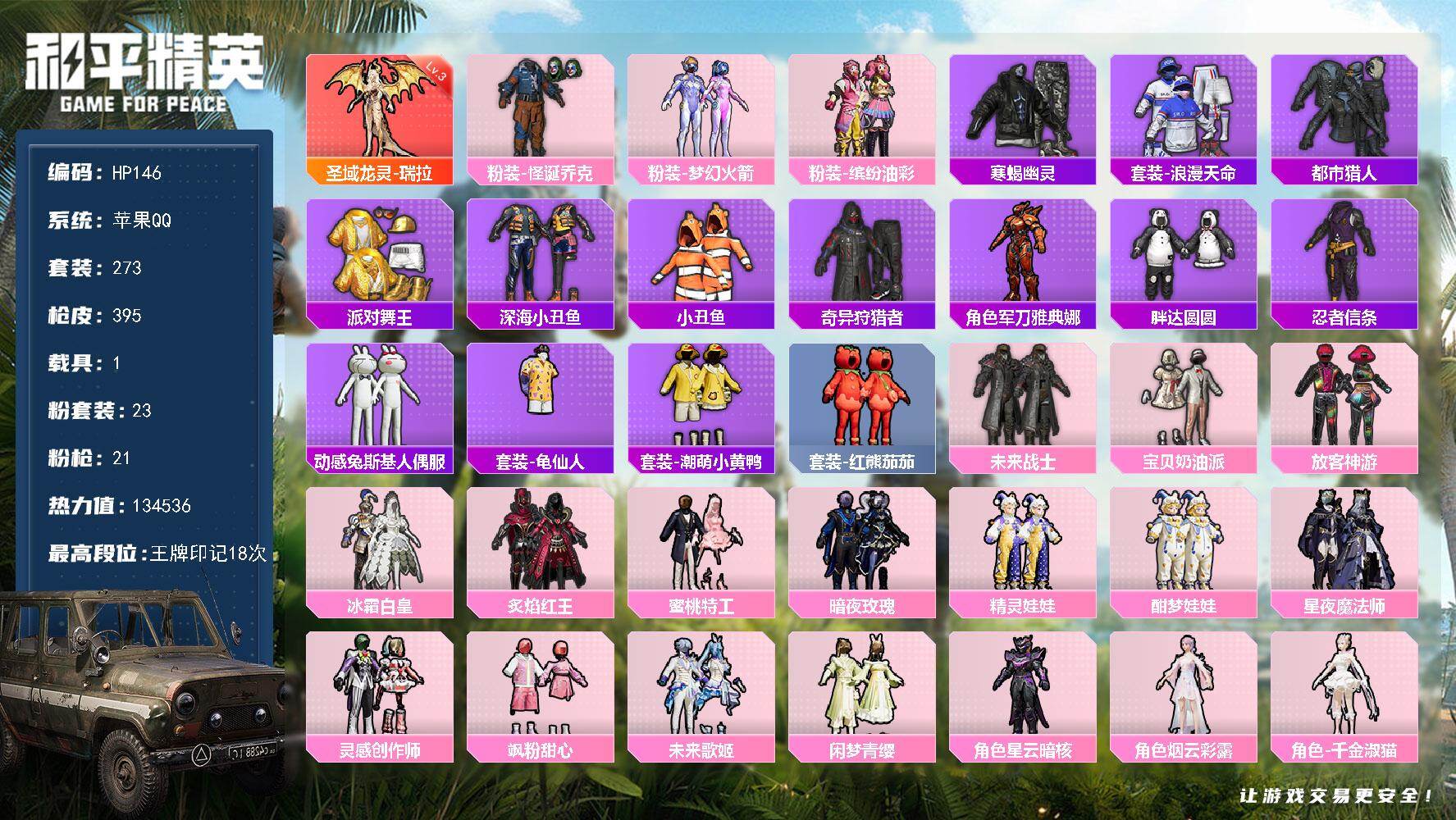 和平精英账号苹果QQ1载具-273套装-395枪皮-苹果 手Q-1神装-23粉装-21特效枪-1载具-9粉色飞行器-热力