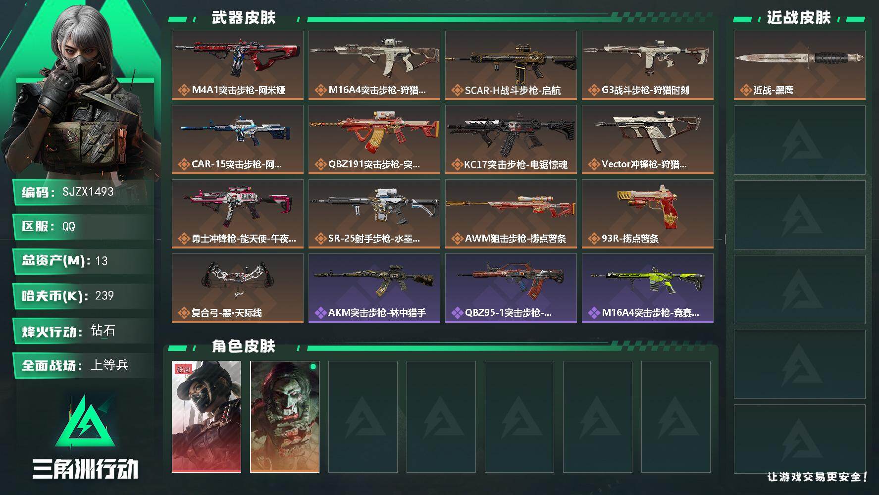 三角洲行动账号QQ【SJZX1493】总资产(M)：13M/哈夫币(K)：239K/哈夫币(K)：239K/传说枪皮数