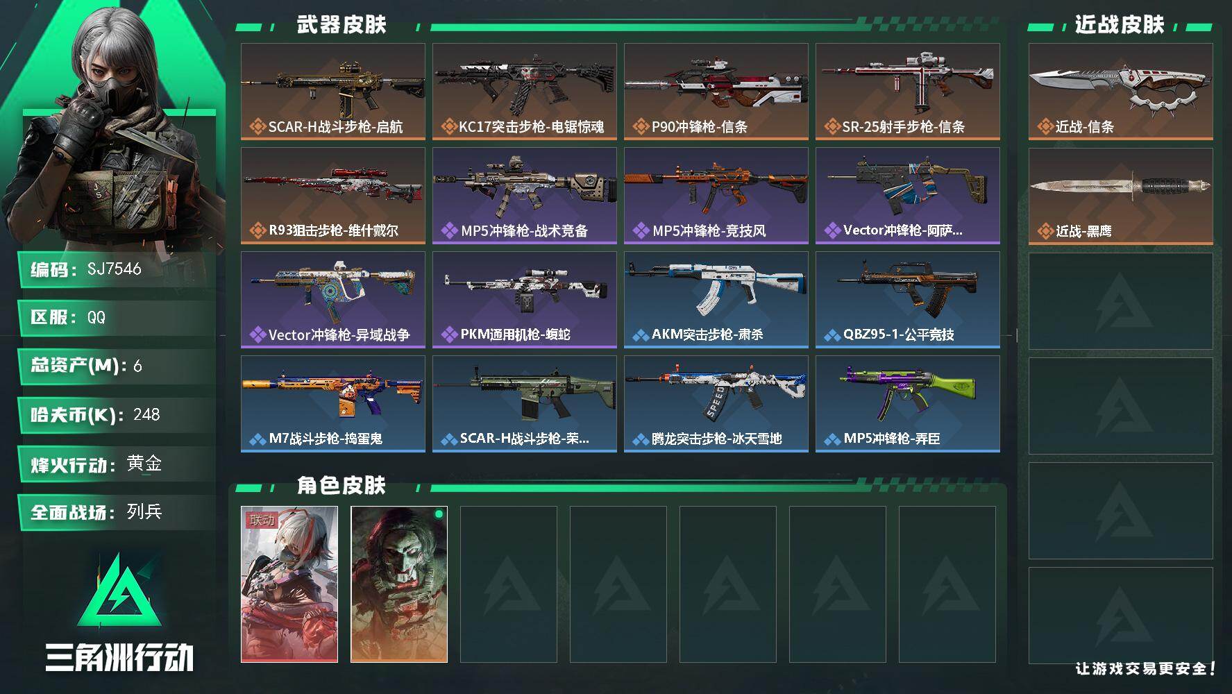三角洲行动账号QQ【SJ7546】总资产(M)：6M/哈夫币(K)：248K/哈夫币(K)：248K/传说枪皮数：5/