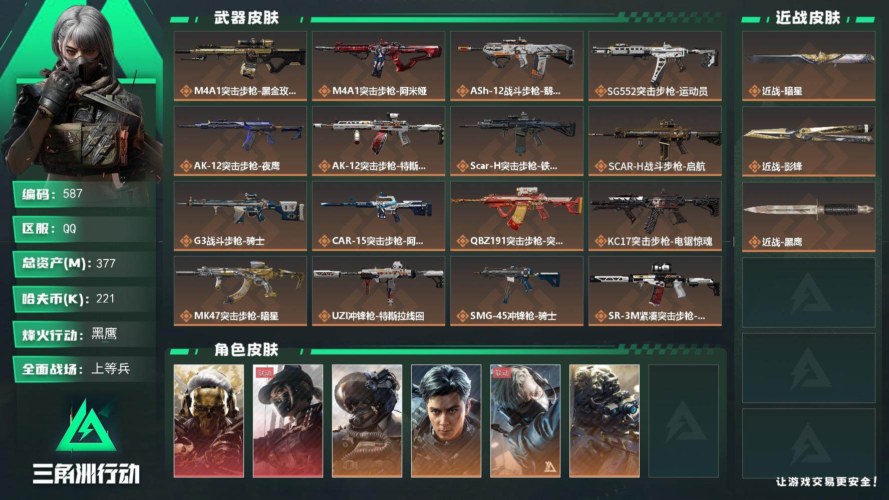 三角洲行动账号QQ【S8赛季6格】377m总资产-221k哈伏币-60烽火等级-黑鹰-46战场等级-上等兵【仓库9级+