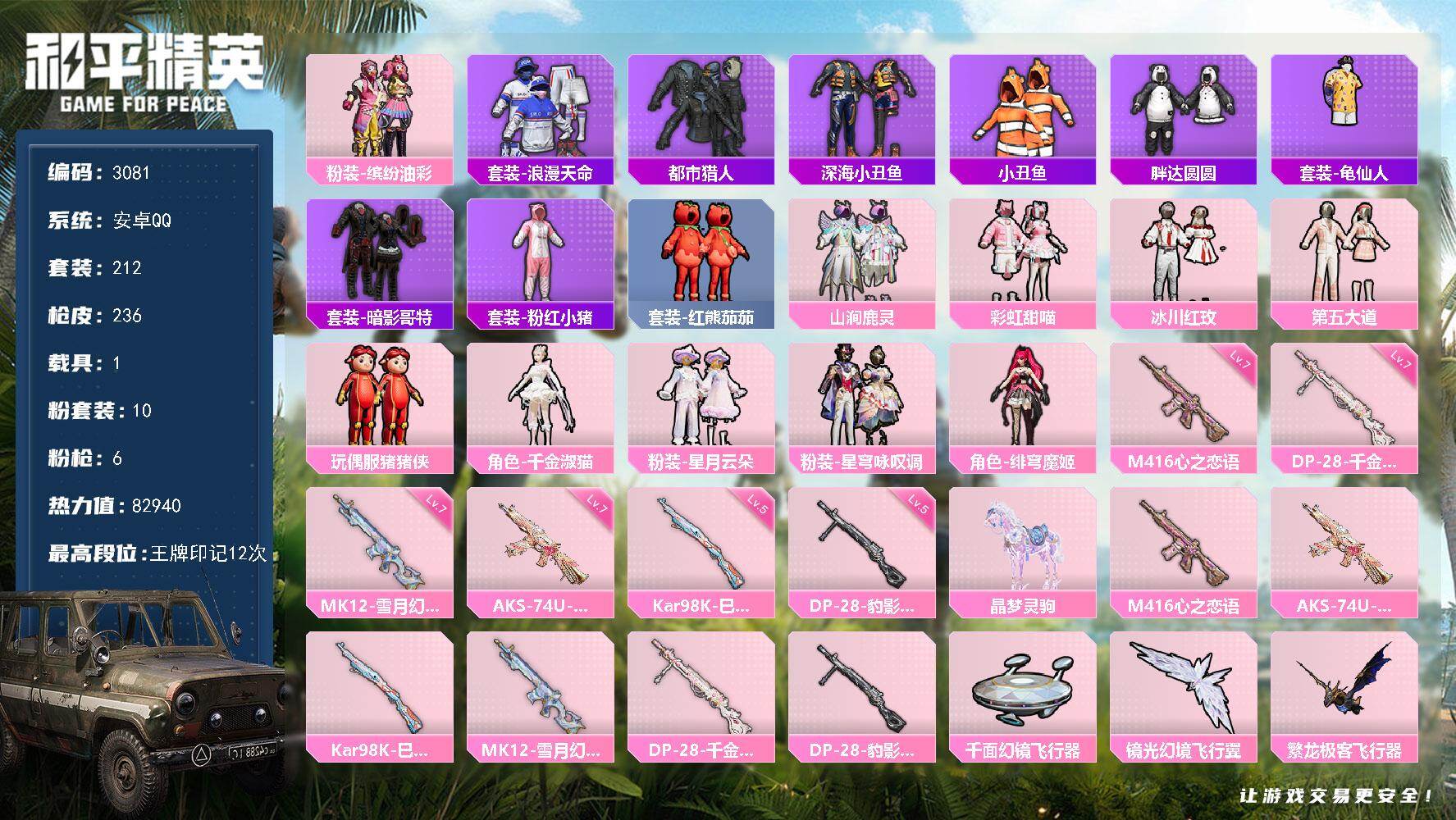 和平精英账号安卓QQ1载具-212套装-236枪皮-212套装/枪械6/装备334/载具1/战备205/王牌印记12/热