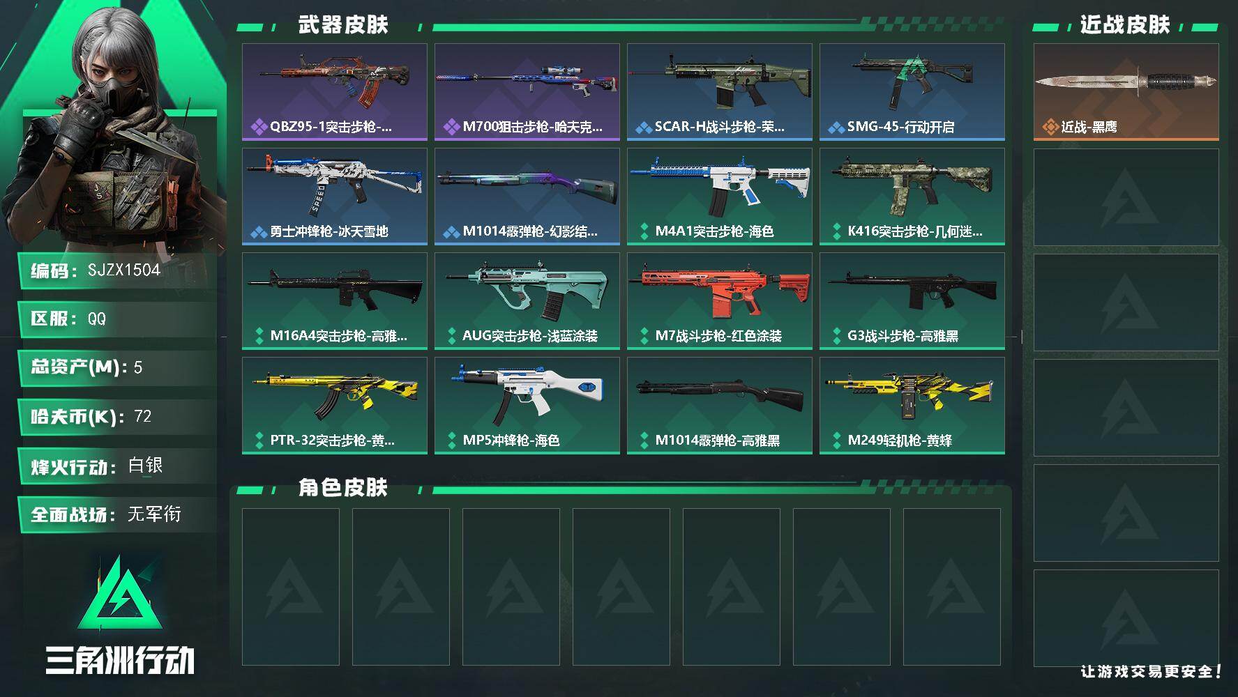三角洲行动账号QQ【SJZX1504】总资产(M)：5M/哈夫币(K)：72K/哈夫币(K)：72K/全面战场等级：3_段位：无段位/烽火地带等级：56_段位：白银/近战-黑鹰/QBZ95-1突击步枪-曙光/M700