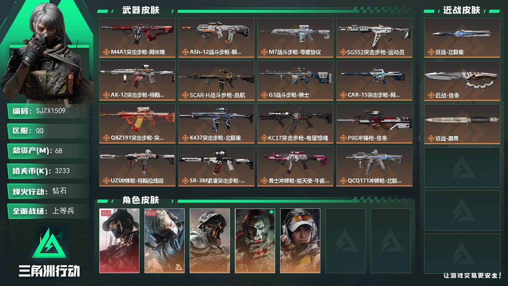 三角洲行动账号QQ【SJZX1509】总资产(M)：68M/哈夫币(K)：3233K/哈夫币(K)：3233K/传说枪