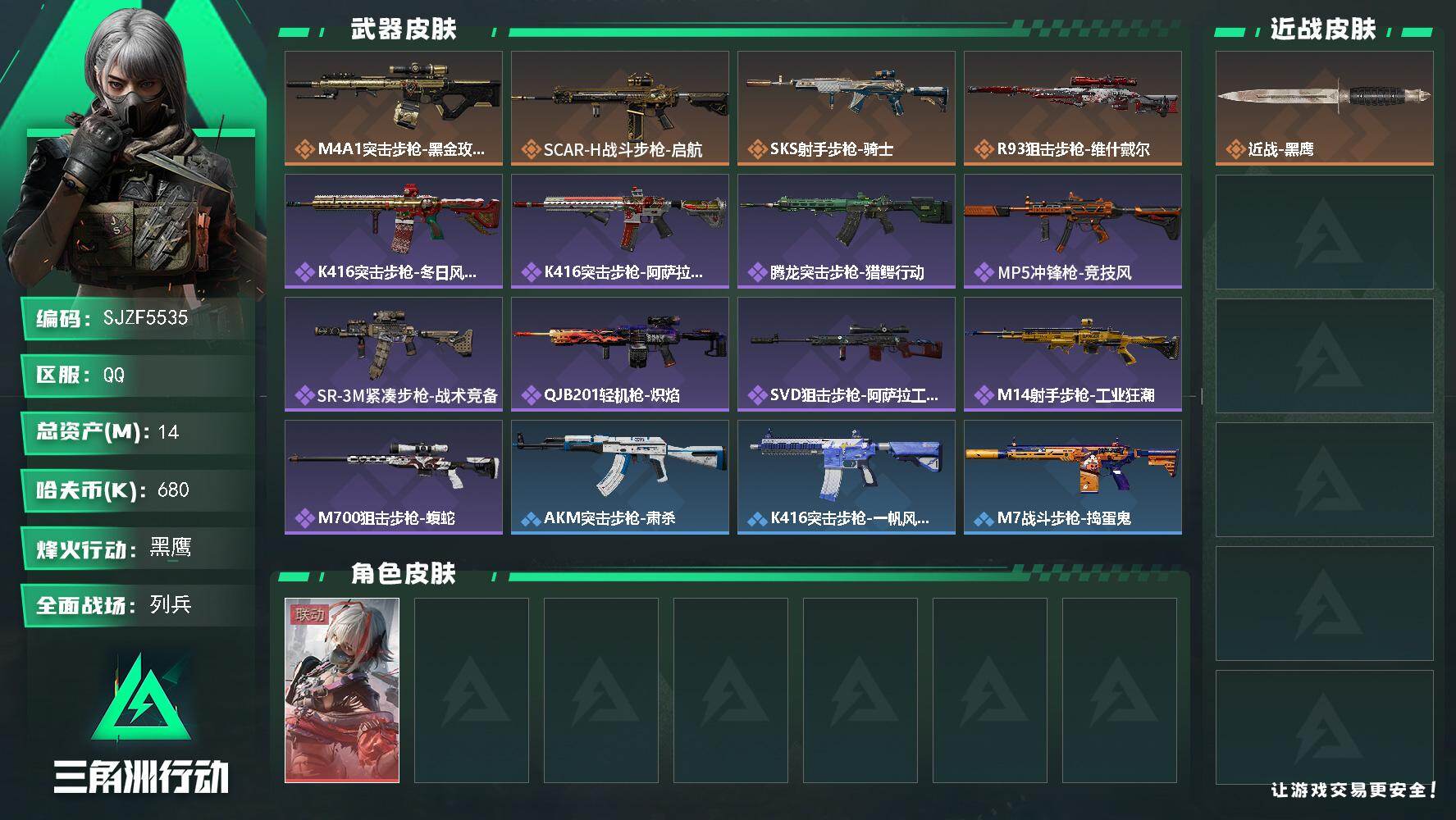 三角洲行动账号QQ【SJZF5535】总资产(M)：14M/哈夫币(K)：680K/哈夫币(K)：680K/传说枪皮数：4/全面战场等级：12_段位：列兵/烽火地带等级：60_段位：黑鹰/骇爪-维什戴尔/近战-黑鹰/