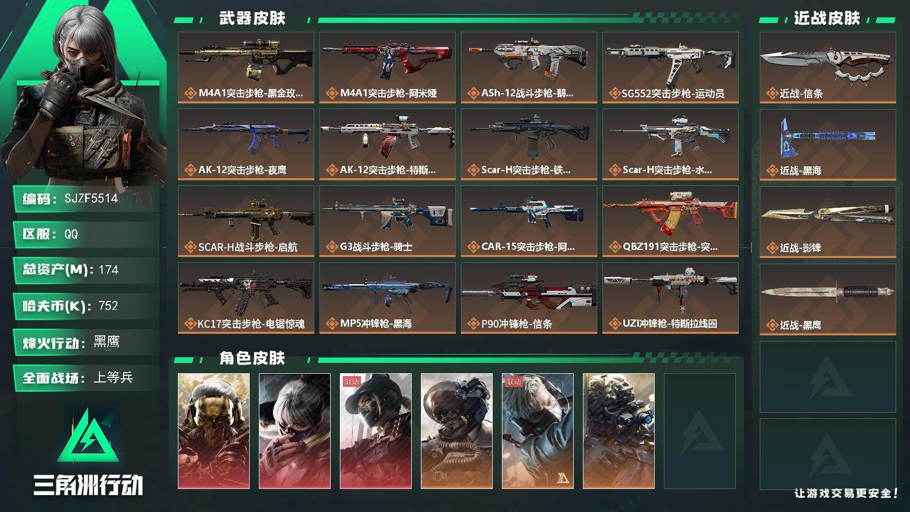 三角洲行动账号QQ【SJZF5514】总资产(M)：174M/哈夫币(K)：752K/哈夫币(K)：752K/传说枪皮
