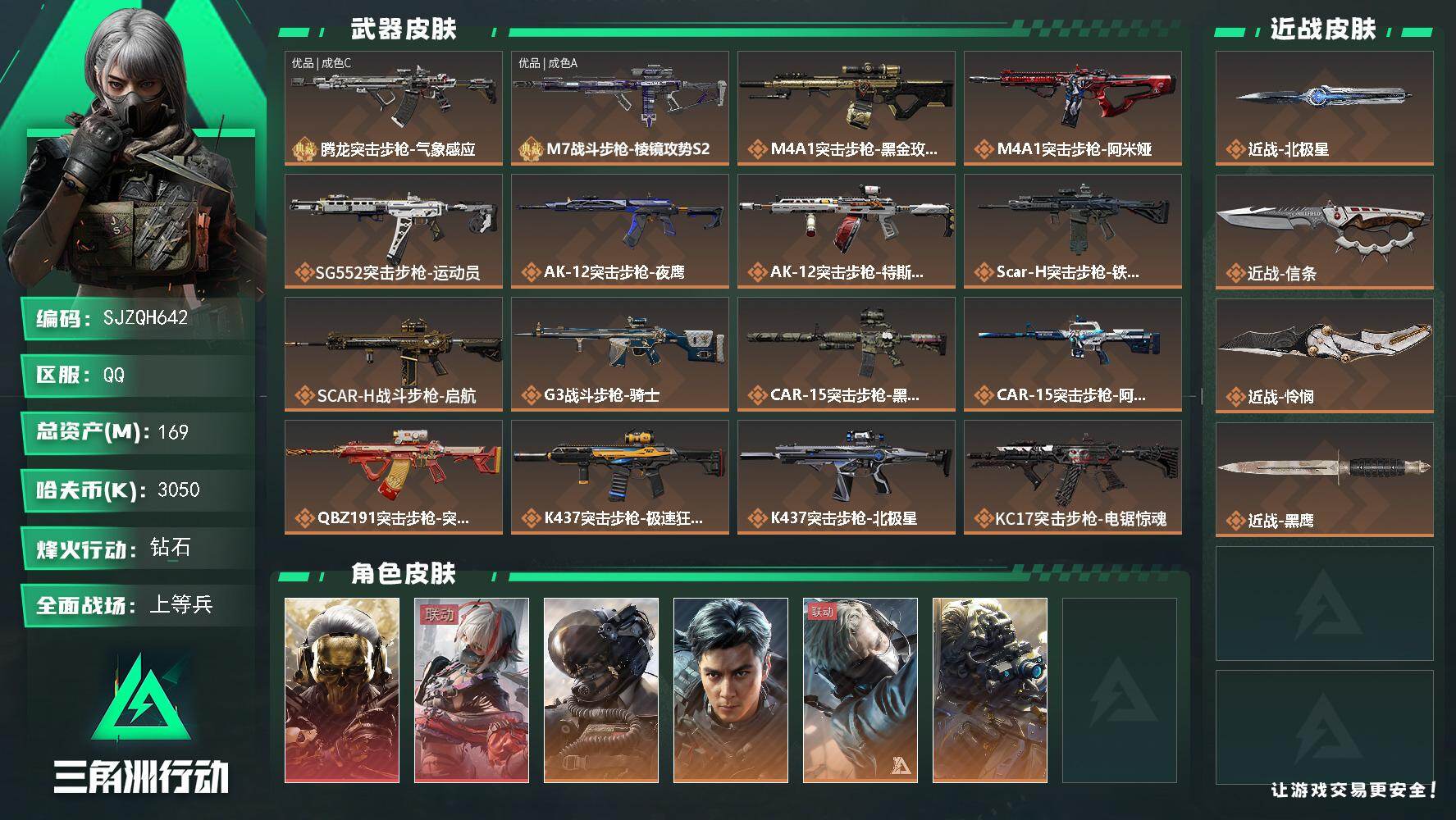 三角洲行动账号QQ【SJZQH642】总资产(M)：169M/哈夫币(K)：3050K/哈夫币(K)：3050K/传说