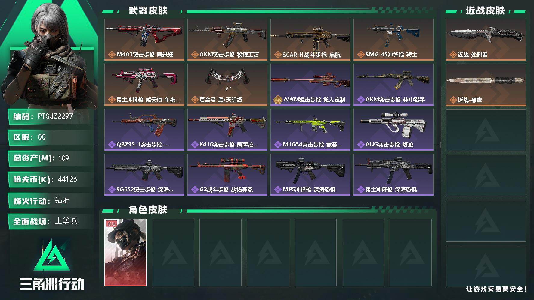 三角洲行动账号QQ【PTSJZ2297】总资产(M)：109M/哈夫币(K)：44126K/哈夫币(K)：44126K