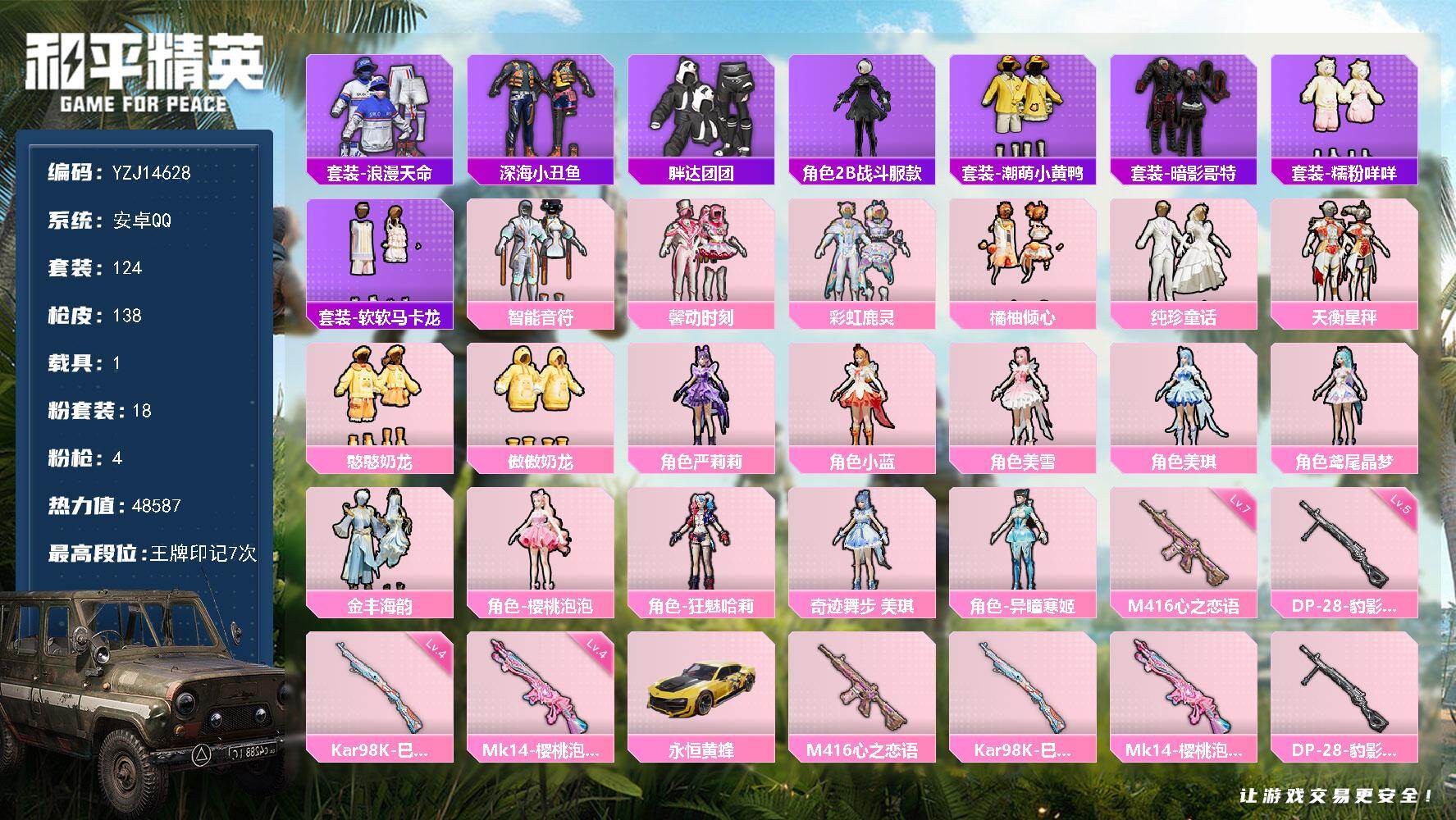 和平精英账号安卓QQYZJ14628-可二次- 安卓Q-小女号-严莉莉 小蓝 美琪 美雪 奇迹舞步美琪 软软马卡龙 糯粉