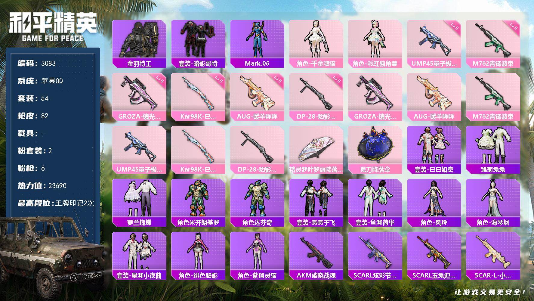 和平精英账号苹果QQ0载具-54套装-82枪皮-54套装/枪械6/装备101/战备51/王牌印记2/热力值23690/五