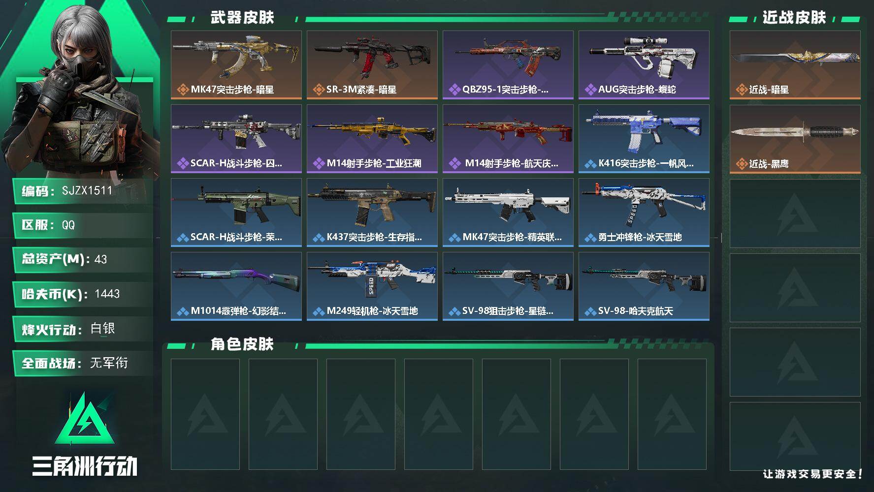 三角洲行动账号QQ【SJZX1511】总资产(M)：43M/哈夫币(K)：1443K/哈夫币(K)：1443K/传说枪