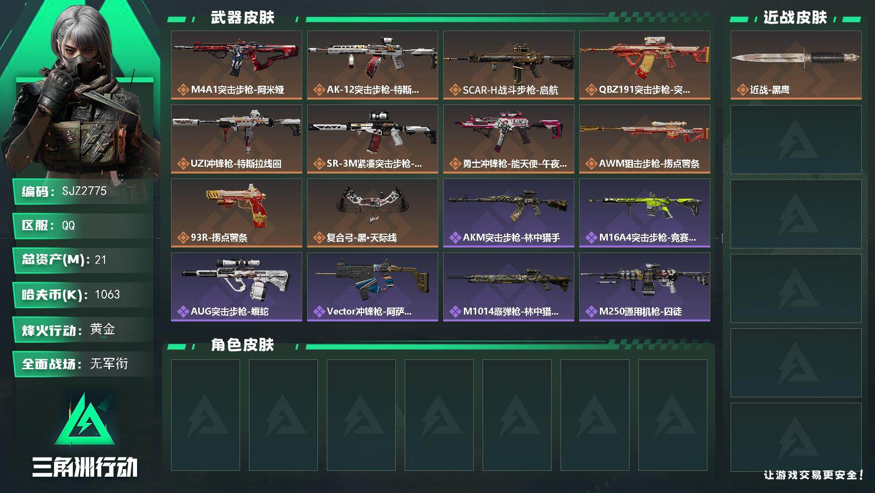 三角洲行动账号QQ【SJZ2775】总资产(M)：21M/哈夫币(K)：1063K/哈夫币(K)：1063K/传说枪皮数：10/全面战场等级：1_段位：无段位/烽火地带等级：60_段位：黄金/近战-黑鹰/M4A1突击