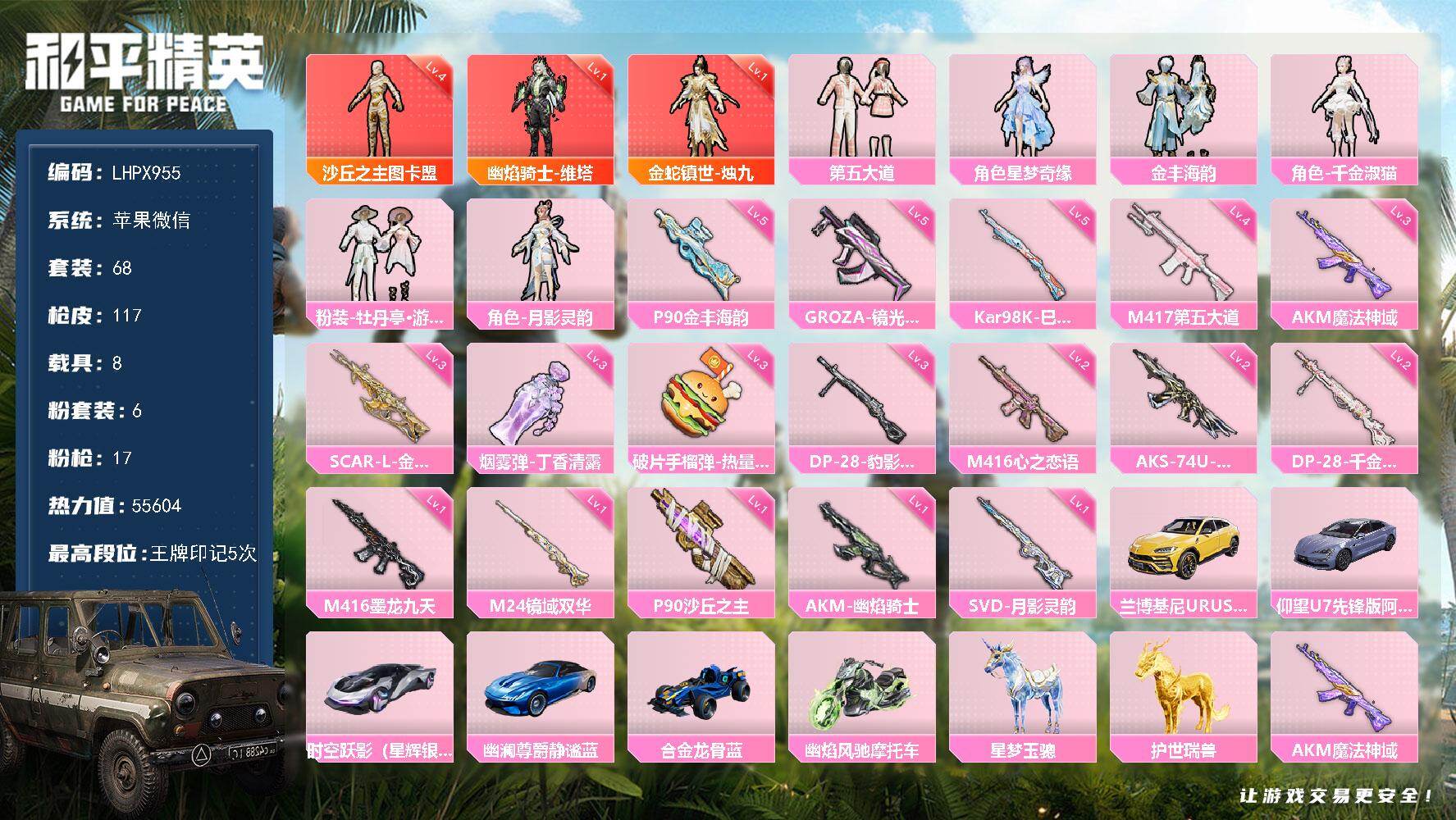 和平精英账号苹果微信可二次【特价出售/店主推荐】苹果 微信-3神装-6粉装-17特效枪-8载具-9粉色飞行器-55604热力值-5王牌印记-68套装-117枪皮
【红色神装等级】：金蛇镇世-烛九(一级)，幽焰骑士-维塔