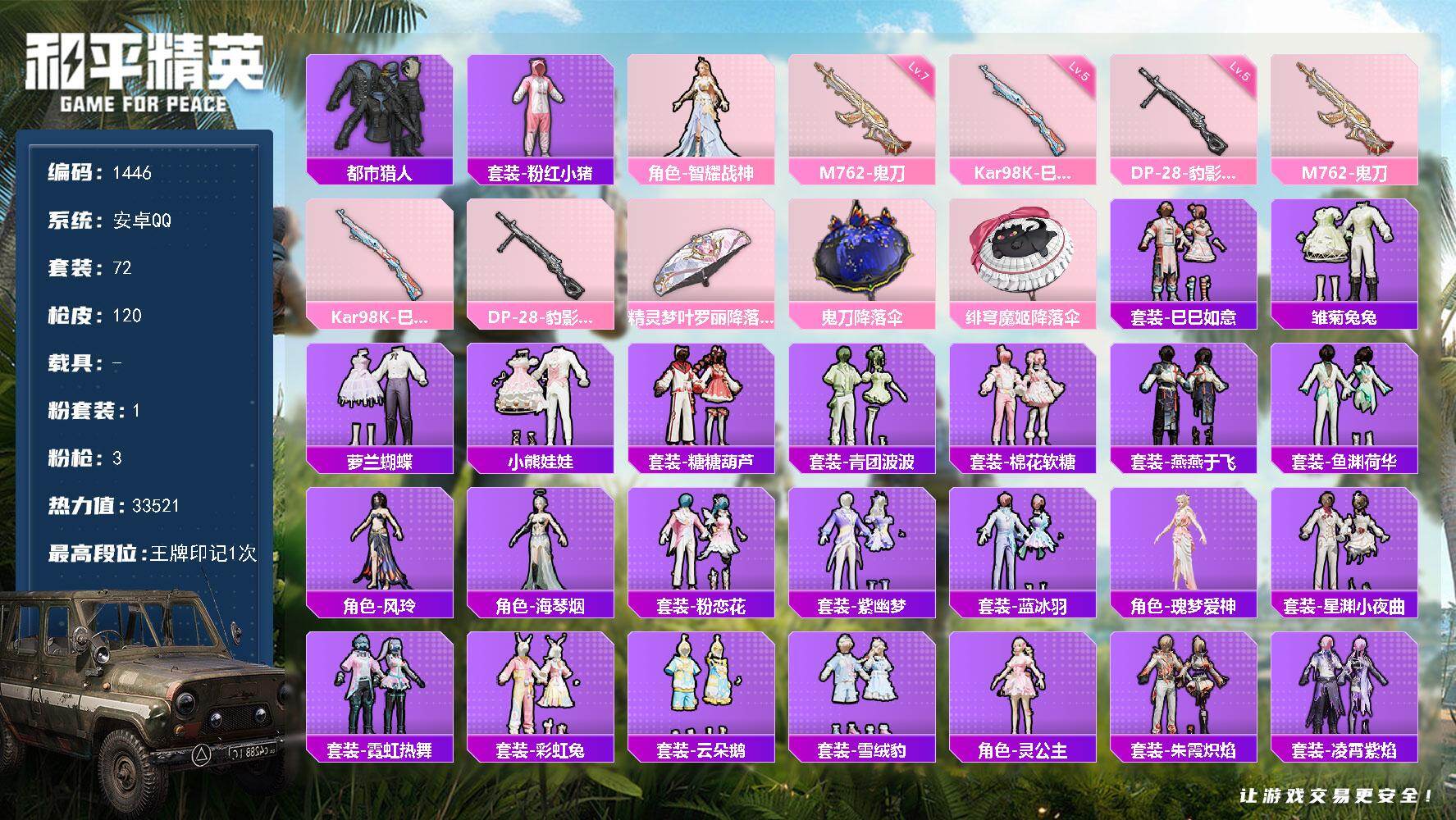 和平精英账号安卓QQ【1446】wj【3满级枪，秒换绑，都市小号】安卓 手Q-1粉装-3特效枪-0载具-0粉色飞行器-3