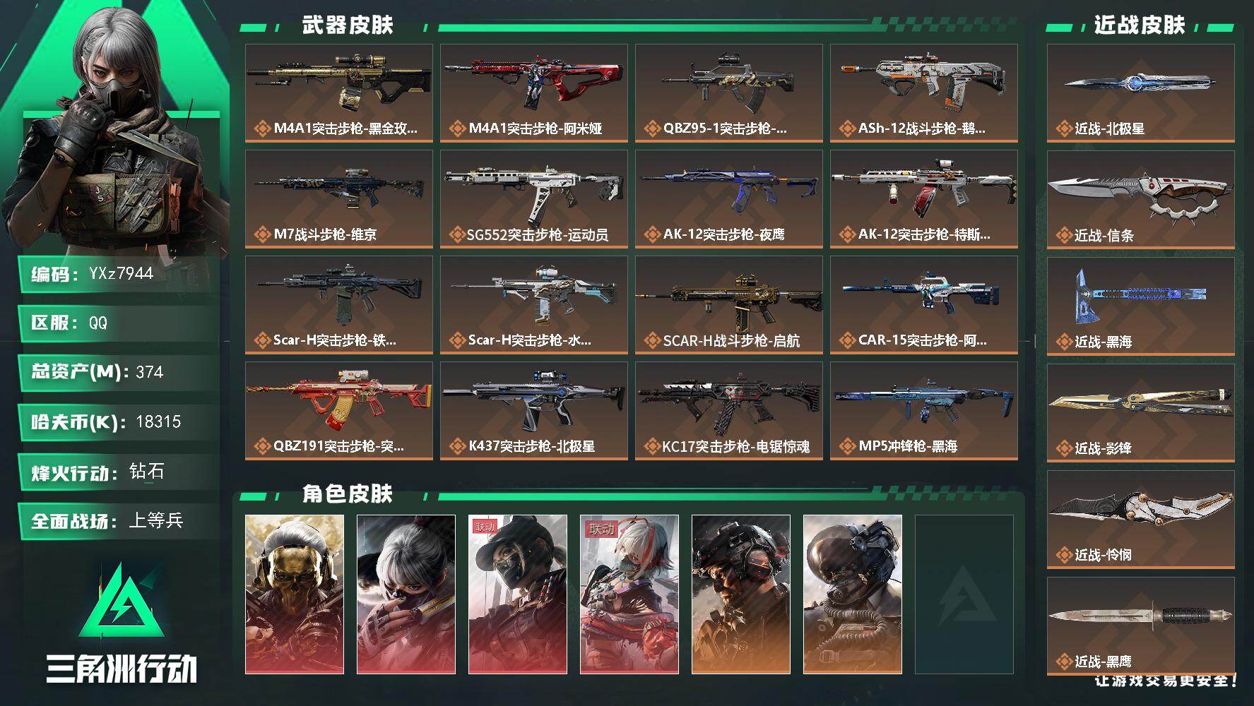 三角洲行动账号QQ【高氪金土豪号;四红皮+五刀皮+威龙-铁面判官+飞虎+高额资产374M】【饰金玫瑰+水墨云图+黑天际