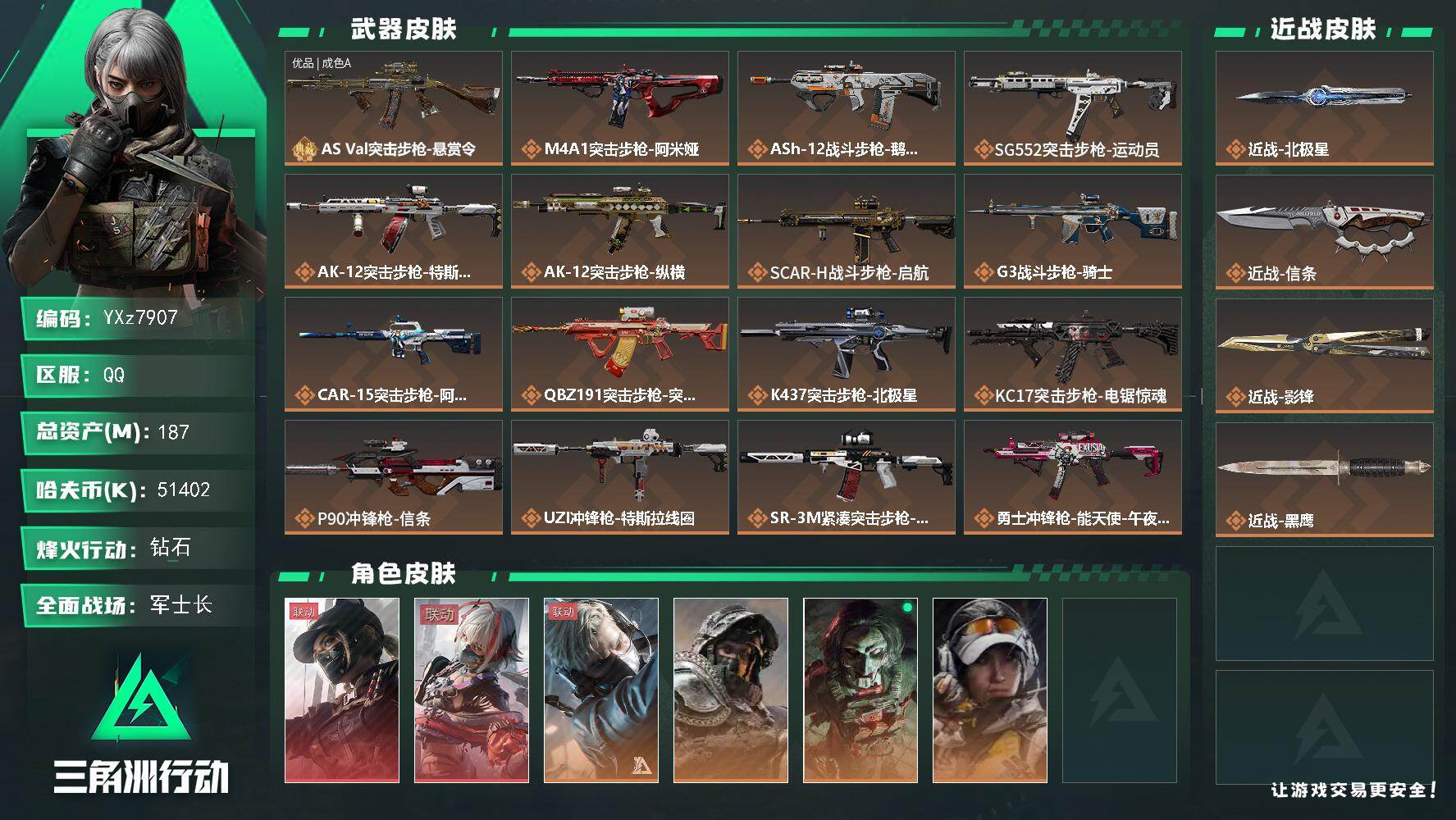 三角洲行动账号QQ【高氪金土豪号-二红皮+三刀皮+一典藏皮肤/高额资产187M】【北极星.信条.影锋.维什戴尔.黑天际