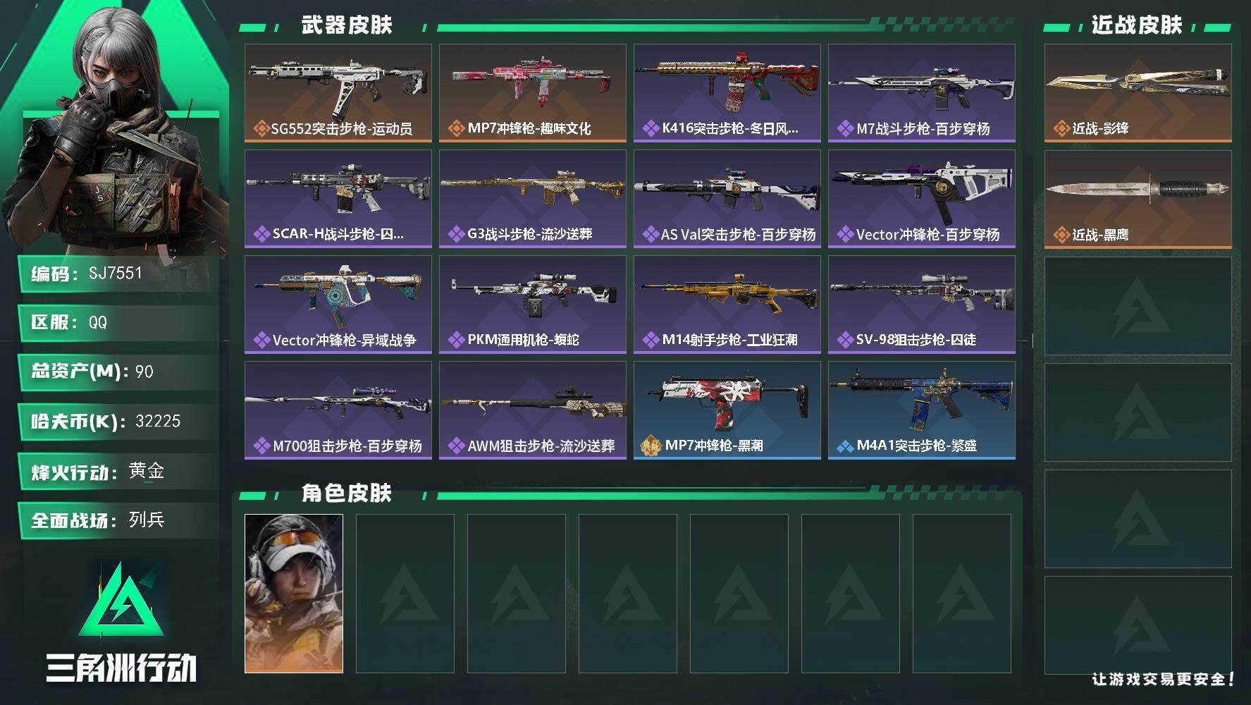 三角洲行动账号QQ【SJ7551】总资产(M)：90M/哈夫币(K)：32225K/哈夫币(K)：32225K/传说枪皮数：2/全面战场等级：11_段位：列兵/烽火地带等级：60_段位：黄金/露娜-金牌射手/近战-影