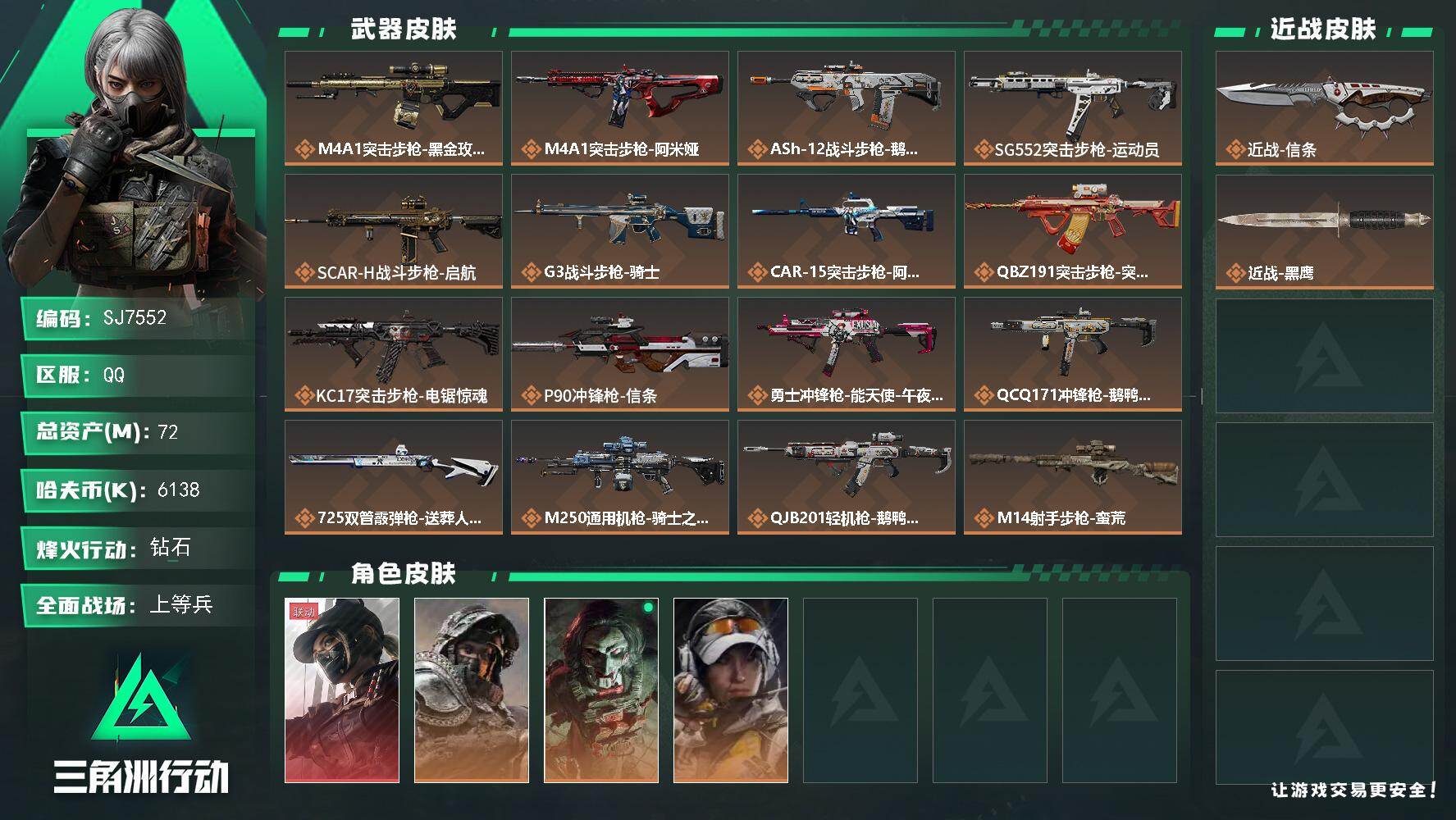 三角洲行动账号QQ【SJ7552】总资产(M)：72M/哈夫币(K)：6138K/哈夫币(K)：6138K/传说枪皮数：20/全面战场等级：36_段位：上等兵/烽火地带等级：60_段位：钻石/露娜-黑·天际线/深蓝-