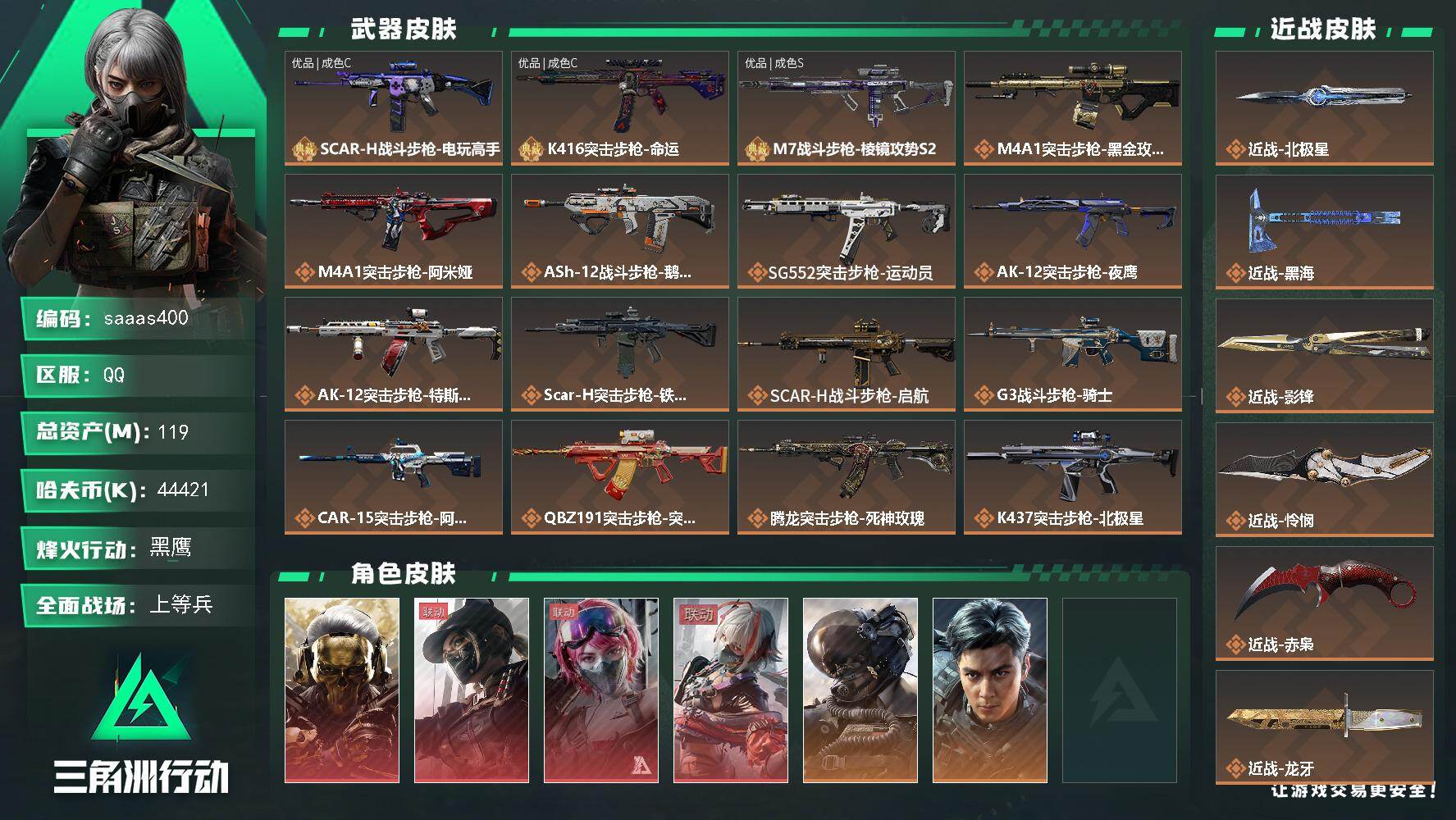 三角洲行动账号QQ119m总资产-44421k哈伏币-60烽火等级-黑鹰-50战场等级-上等兵
【干员外观】：红狼-蚀