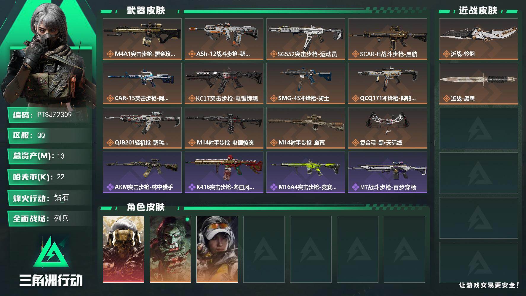 三角洲行动账号QQ【PTSJZ2309】总资产(M)：13M/哈夫币(K)：22K/哈夫币(K)：22K/传说枪皮数：