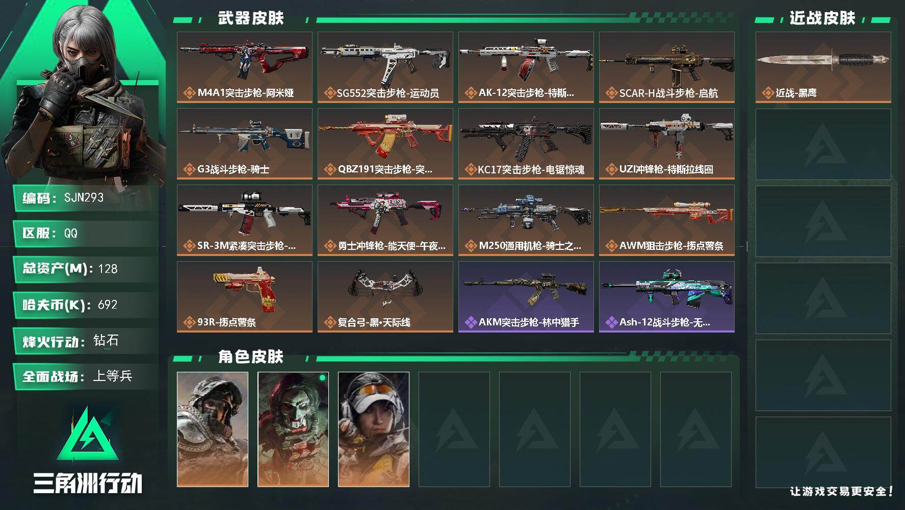 三角洲行动账号QQ【SJN293】总资产(M)：128M/哈夫币(K)：692K/哈夫币(K)：692K/传说枪皮数：