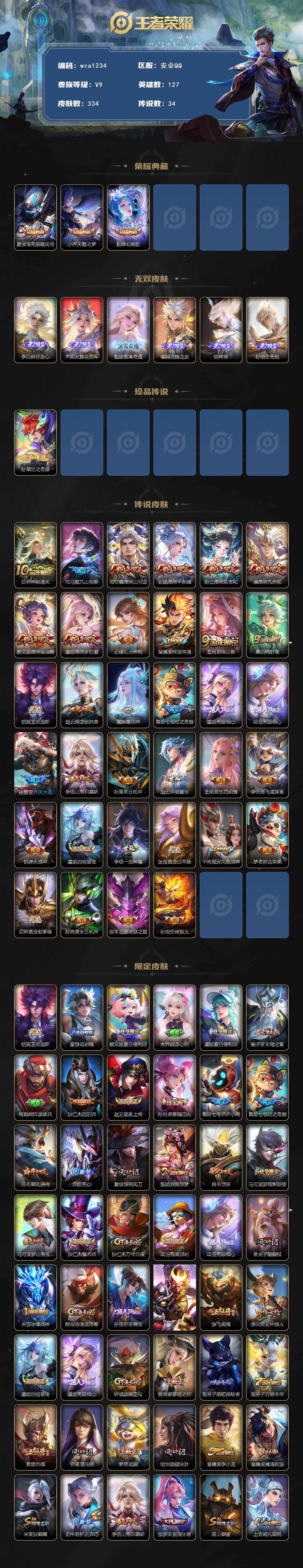 安卓Q-V9-永恒钻石II段位-127英雄-334皮肤-3典藏皮肤-6无双-1珍品传说-34传说-94史诗
【英雄全皮】:李信全皮,空空儿全皮,影全皮
【荣耀典藏】:夏侯惇无限飓风号,小乔天鹅之梦,