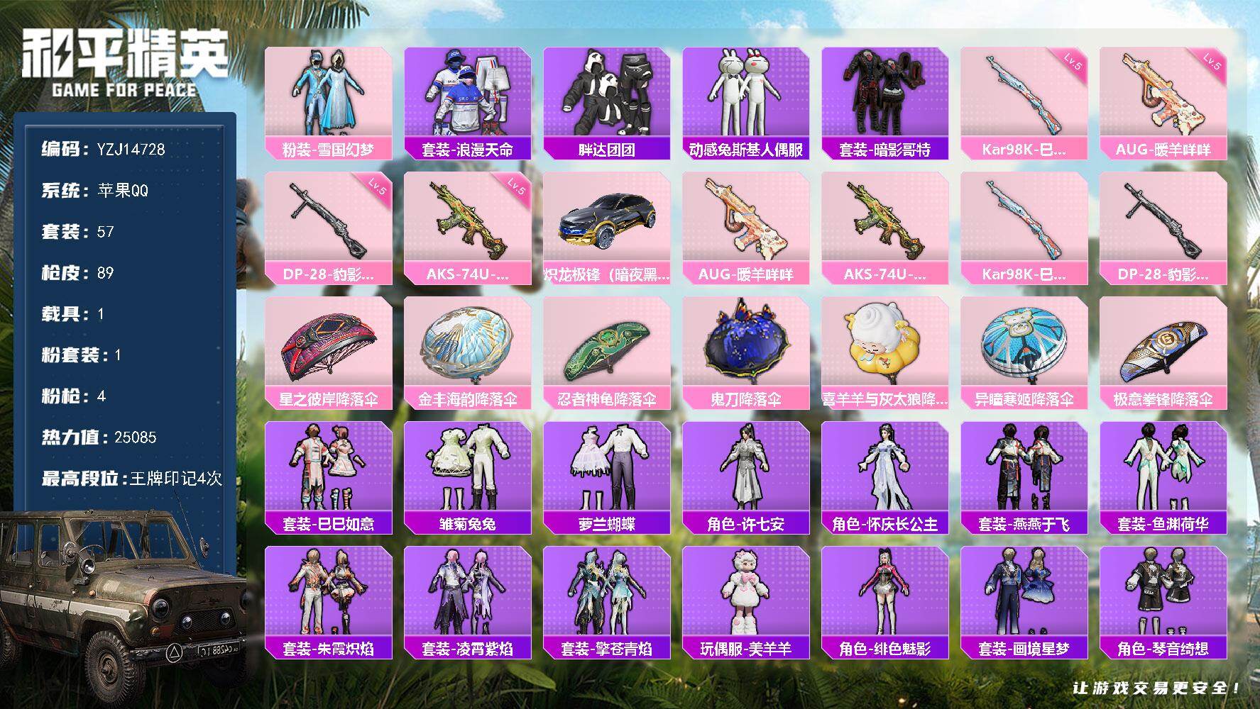 和平精英账号苹果QQ1载具-57套装-89枪皮-YZJ14728-可二次-苹果Q-2稀有1载具1粉装4特效枪4热门【精品