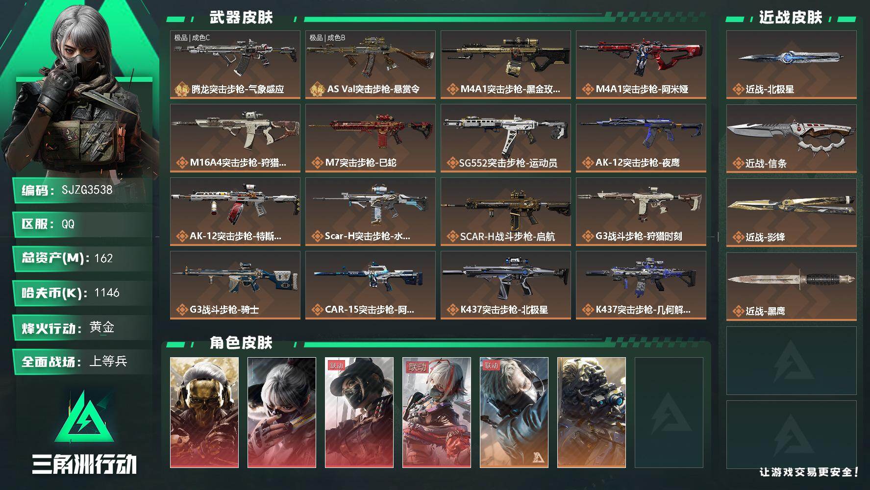 三角洲行动账号QQ【SJZG3538】总资产(M)：162M/哈夫币(K)：1146K/哈夫币(K)：1146K/传说