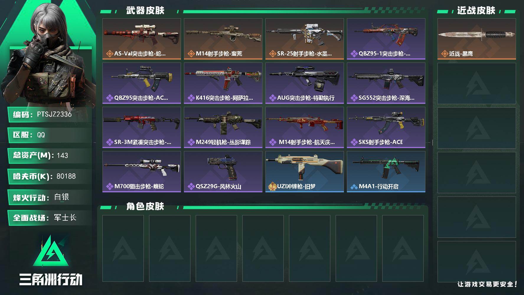 三角洲行动账号QQ【PTSJZ2336】总资产(M)：143M/哈夫币(K)：80188K/哈夫币(K)：80188K