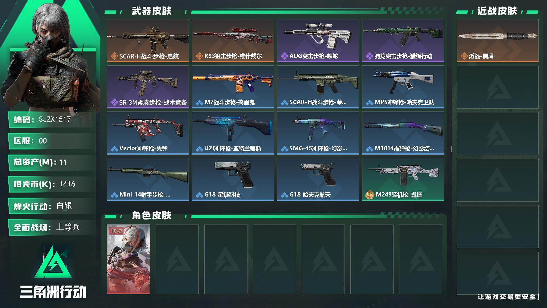 三角洲行动账号QQ【SJZX1517】总资产(M)：11M/哈夫币(K)：1416K/哈夫币(K)：1416K/传说枪皮数：2/全面战场等级：19_段位：上等兵/烽火地带等级：24_段位：白银/骇爪-维什戴尔/近战-