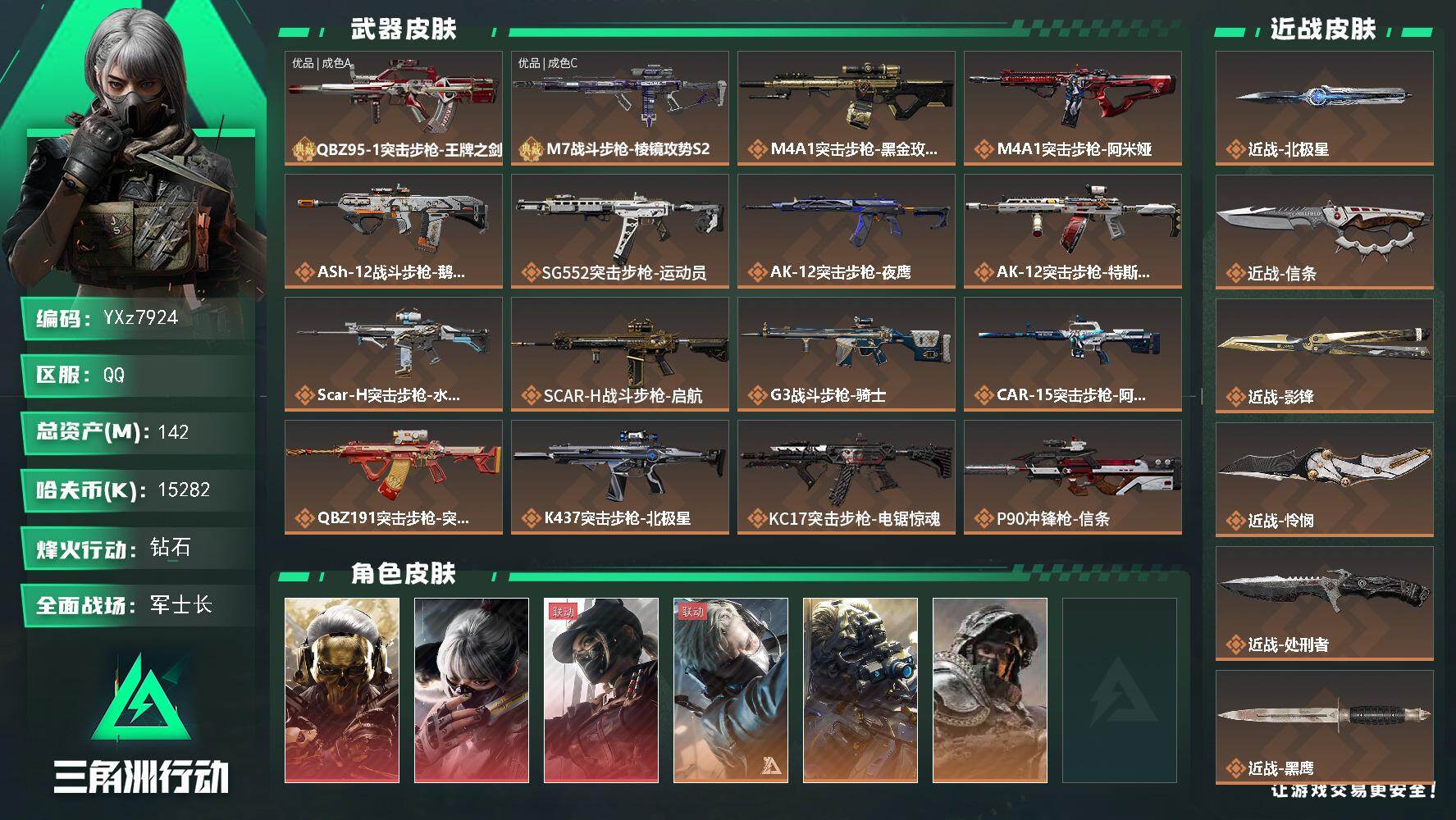 三角洲行动账号QQ【高氪金土豪号-三红皮+五刀皮+二典藏皮肤】【北极星.信条.影锋.怜悯.处刑者.蚀金玫瑰.水墨云图.