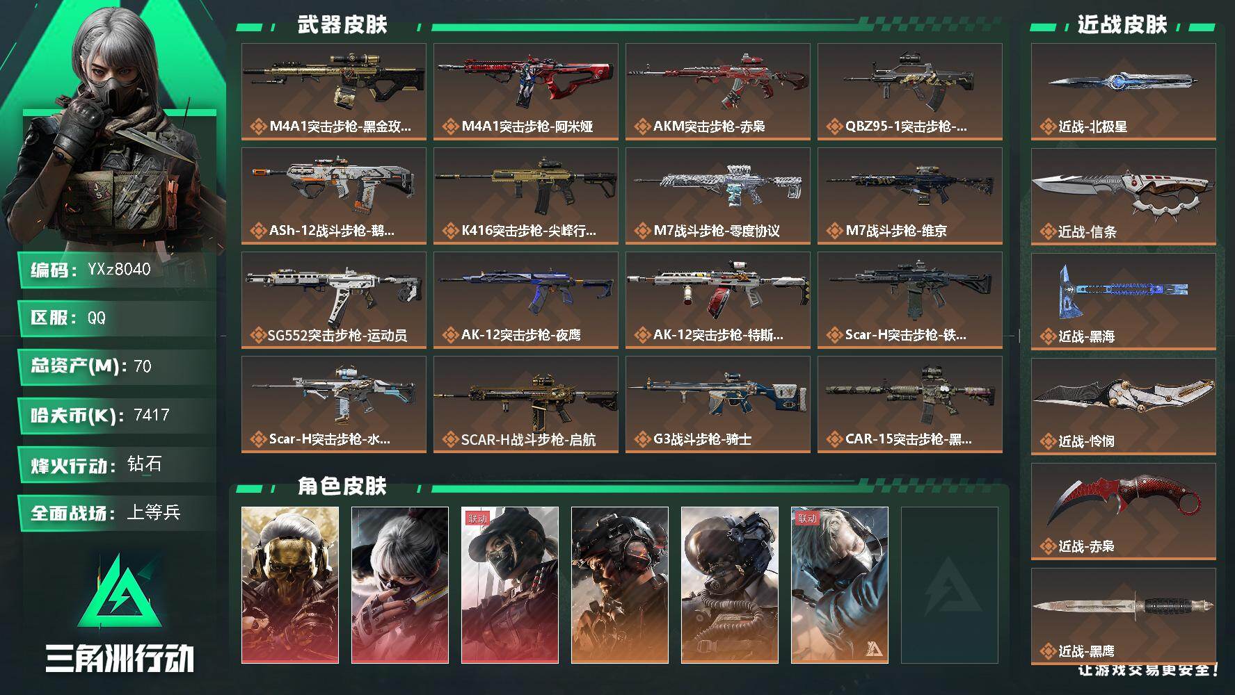 三角洲行动账号QQ【高氪金土豪号-三红皮+五刀皮+铁面判官】【北极星.怜悯.黑海.赤枭.信条.蚀金玫瑰.水墨云图.黑天