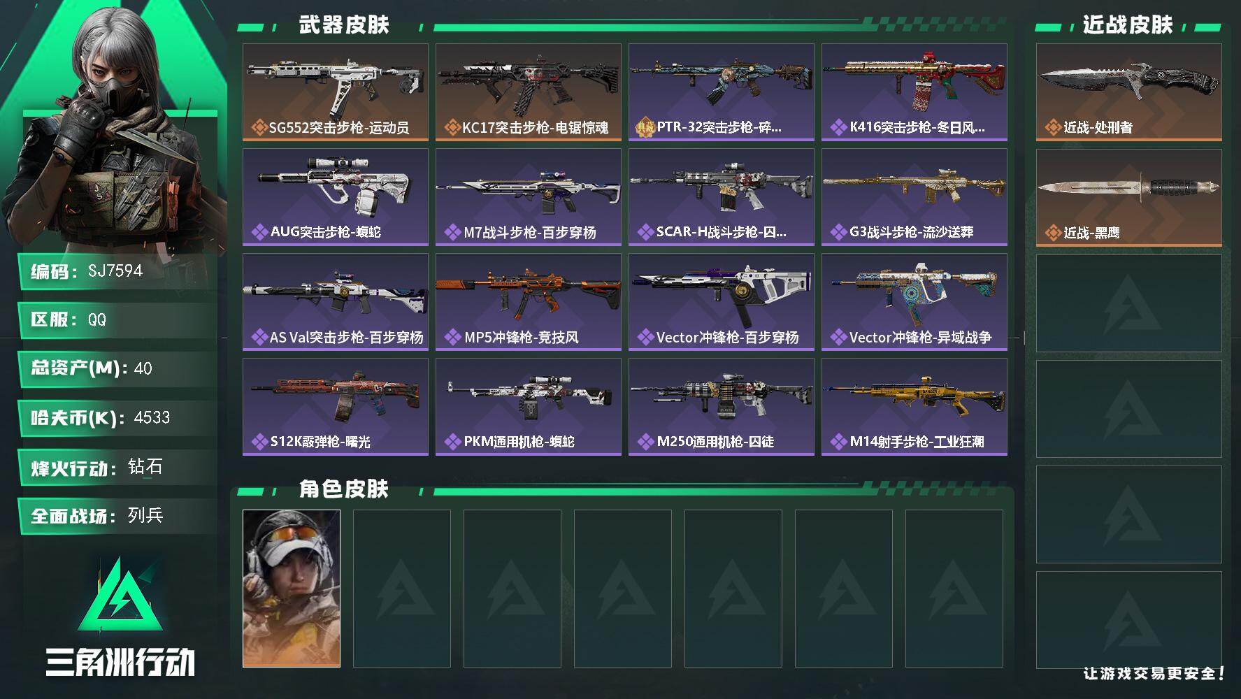 三角洲行动账号QQ【SJ7594】总资产(M)：40M/哈夫币(K)：4533K/哈夫币(K)：4533K/传说枪皮数：2/全面战场等级：27_段位：列兵/烽火地带等级：60_段位：钻石/露娜-金牌射手/近战-处刑者