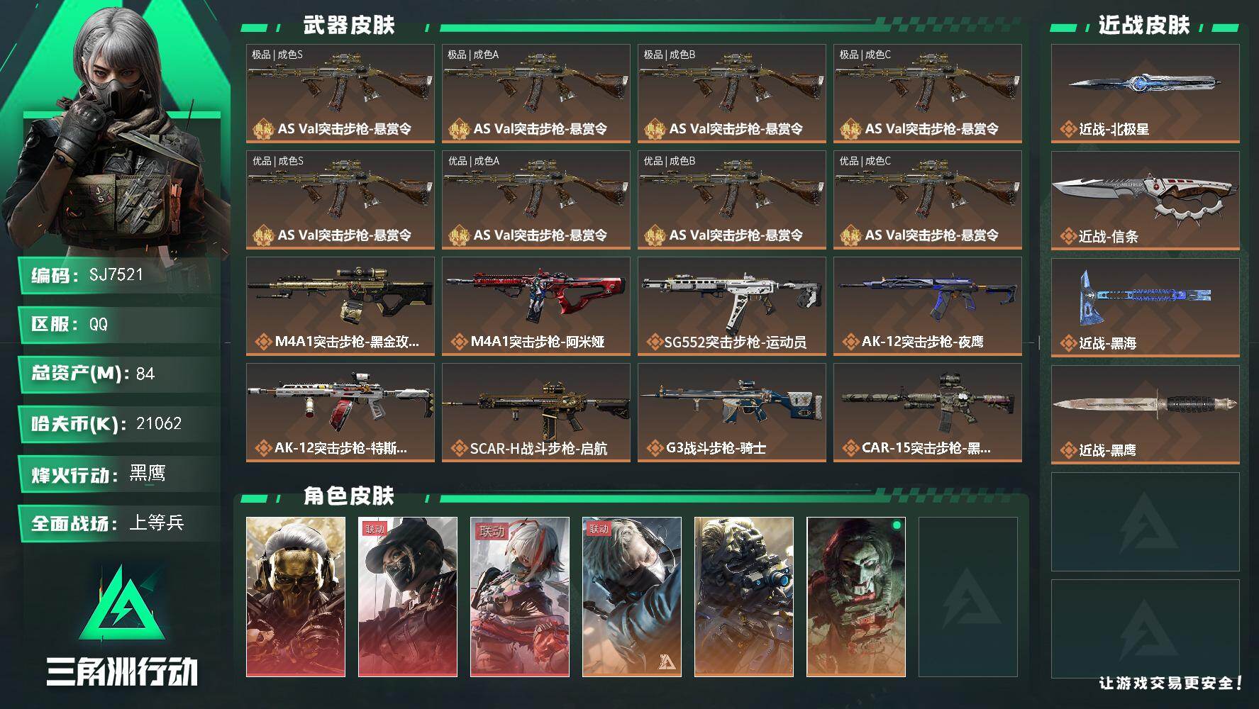 三角洲行动账号QQ【SJ7521】总资产(M)：84M/哈夫币(K)：21062K/哈夫币(K)：21062K/传说枪皮数：33/全面战场等级：25_段位：上等兵/烽火地带等级：60_段位：黑鹰/红狼-蚀金玫瑰/露娜