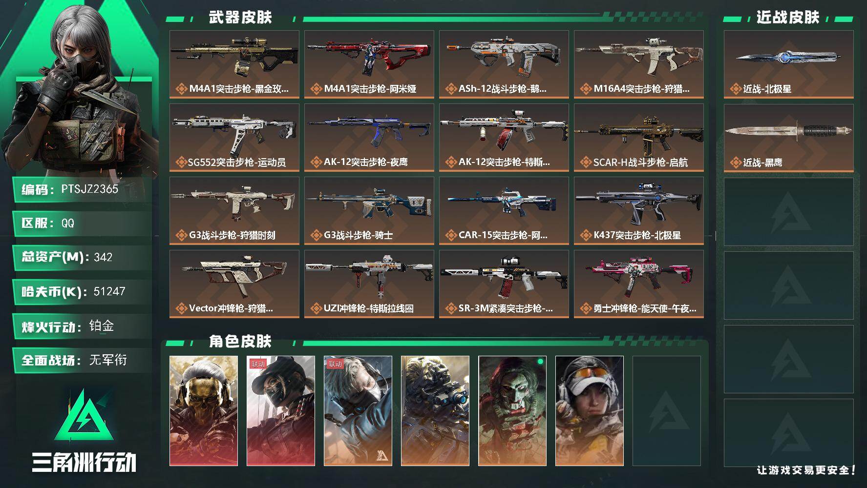 三角洲行动账号QQ【PTSJZ2365】总资产(M)：342M/哈夫币(K)：51247K/哈夫币(K)：51247K