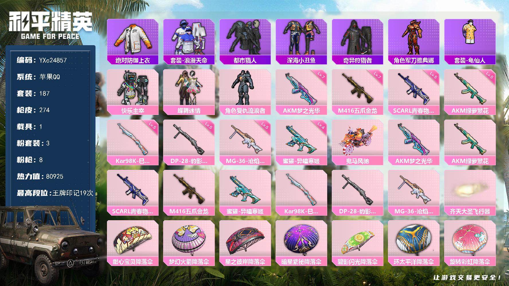 和平精英账号苹果QQ1载具-187套装-274枪皮-【地铁满天赋 蜘蛛侠 巡查衣 都市 快乐主宰 双马尾 满级五爪金龙】