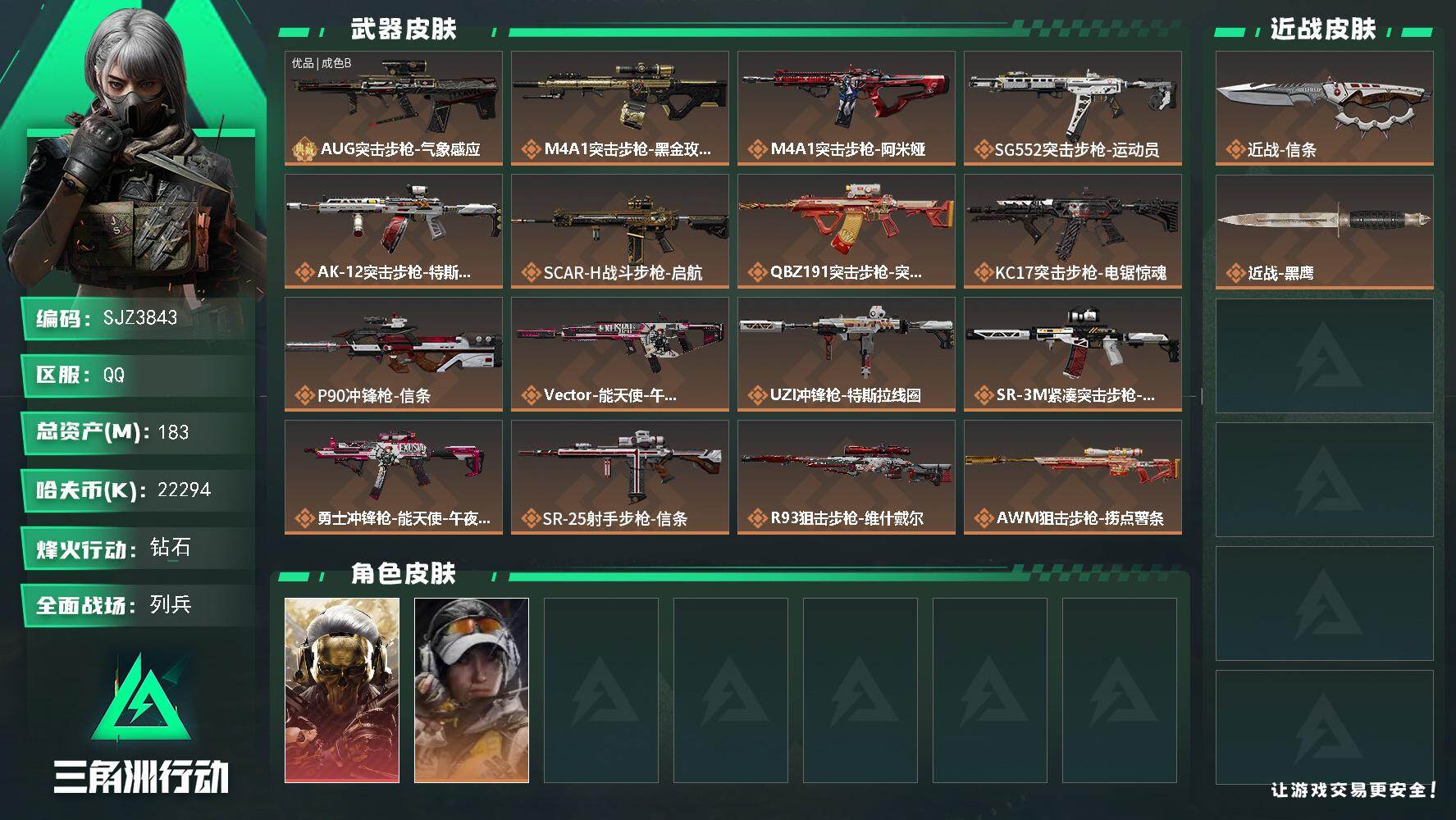 三角洲行动账号QQ【SJZ3843】总资产(M)：183M/哈夫币(K)：22294K/哈夫币(K)：22294K/传说枪皮数：17/全面战场等级：9_段位：列兵/烽火地带等级：60_段位：钻石/非洲之心/红狼-蚀金