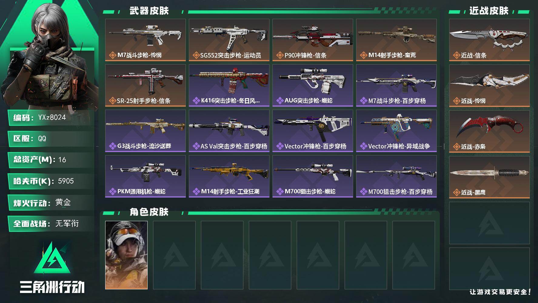 三角洲行动账号QQ【热门组合搭配：三刀皮-信条+怜悯+赤枭】【Q区三端互通】【无二次】YXz8024-特勤处：仓库4级