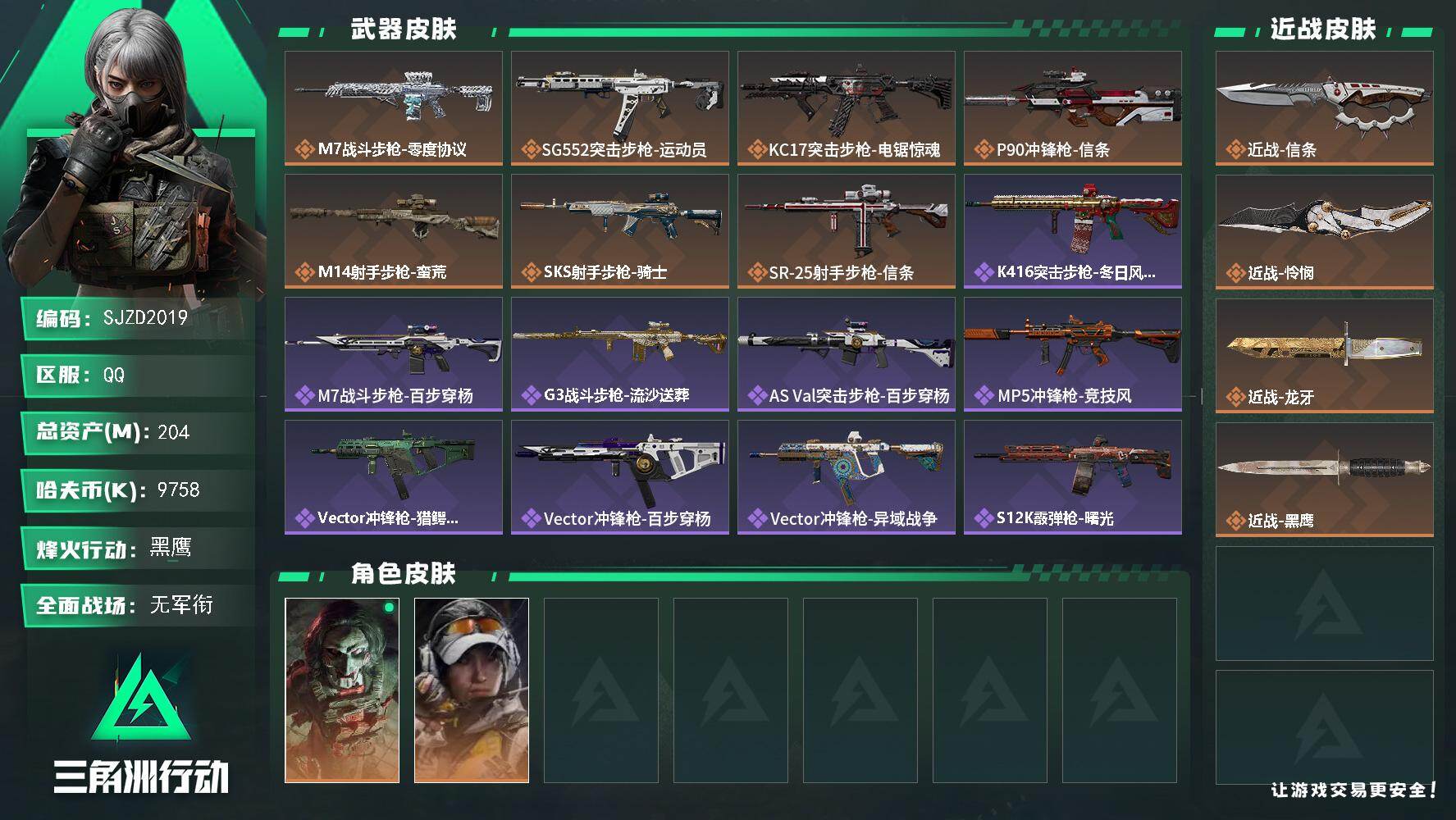 三角洲行动账号QQ【SJZD2019】总资产(M)：204M/哈夫币(K)：9758K/哈夫币(K)：9758K/传说枪皮数：7/全面战场等级：5_段位：无段位/烽火地带等级：60_段位：黑鹰/非洲之心/红狼-电锯惊